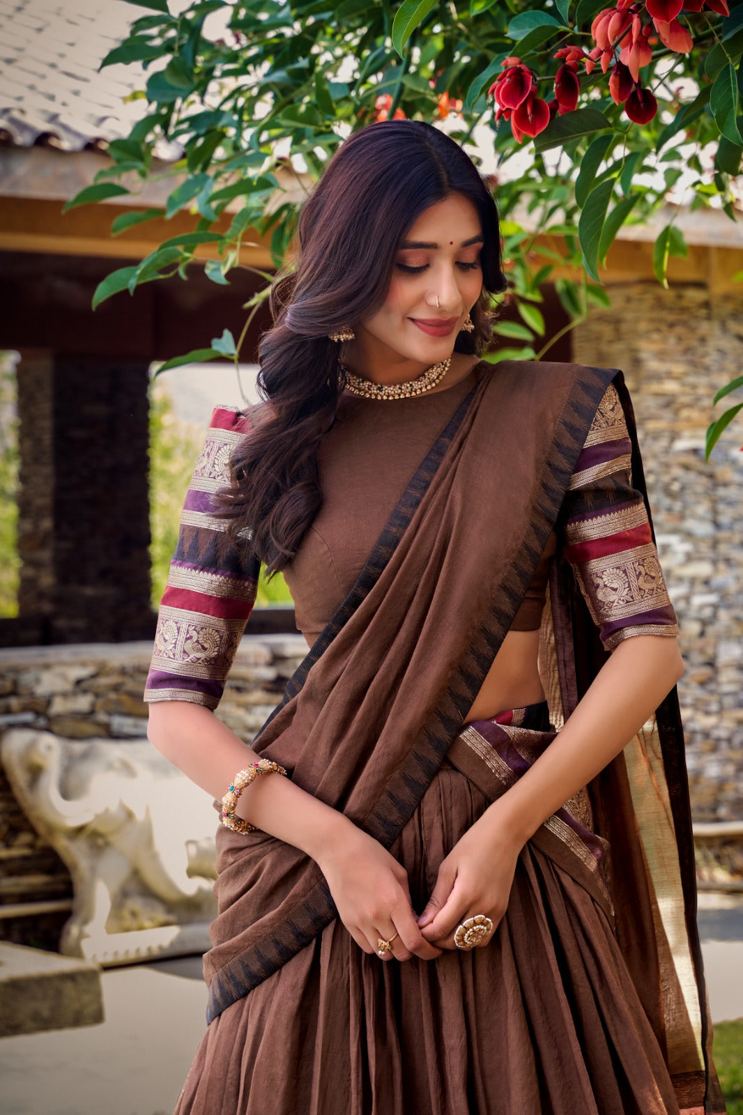 Womenline Brown Color Pure Chanderi Plain Half Saree