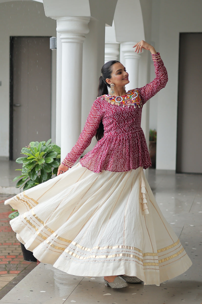 Womenline Maroon Bandhani Style Peplum Choli With Kora Cotton Lehenga