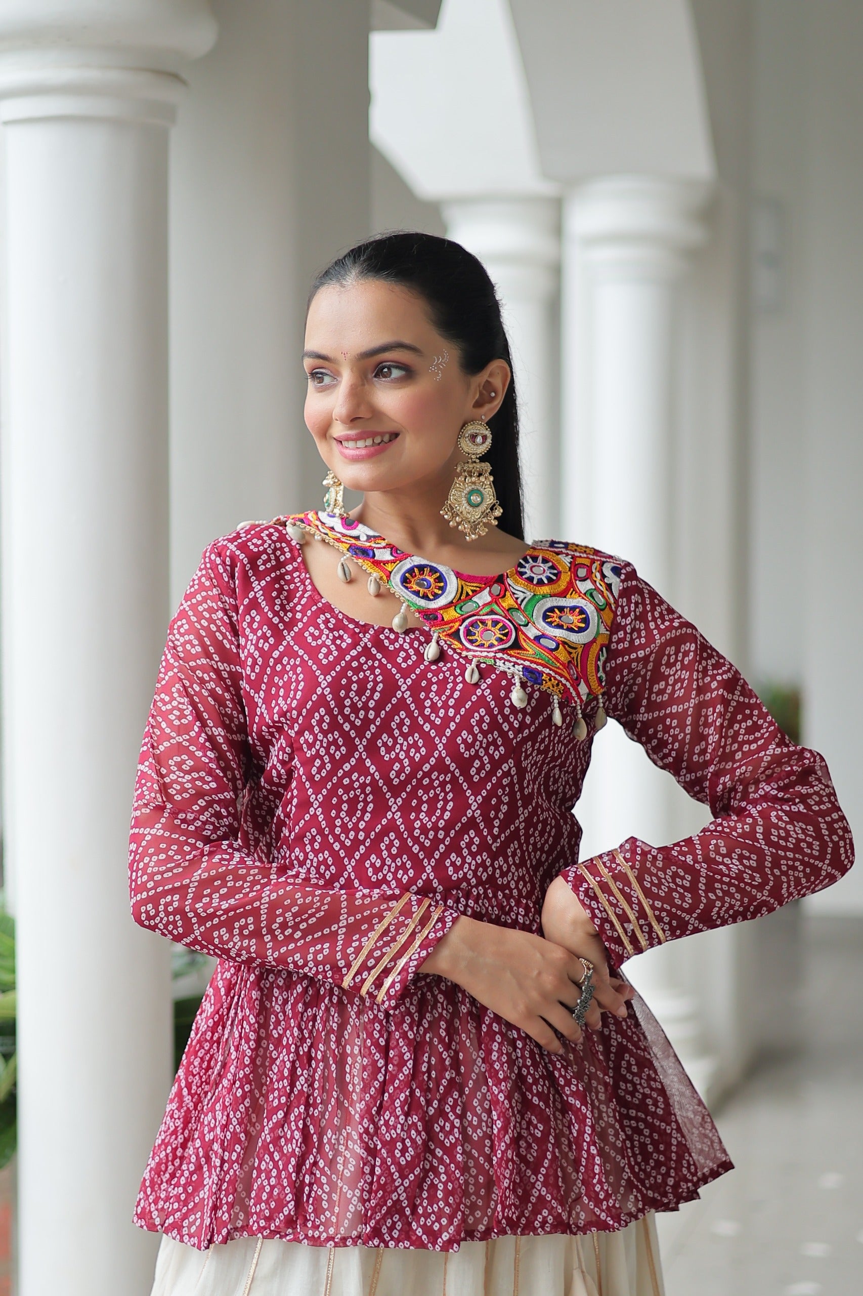 Womenline Maroon Bandhani Style Peplum Choli With Kora Cotton Lehenga