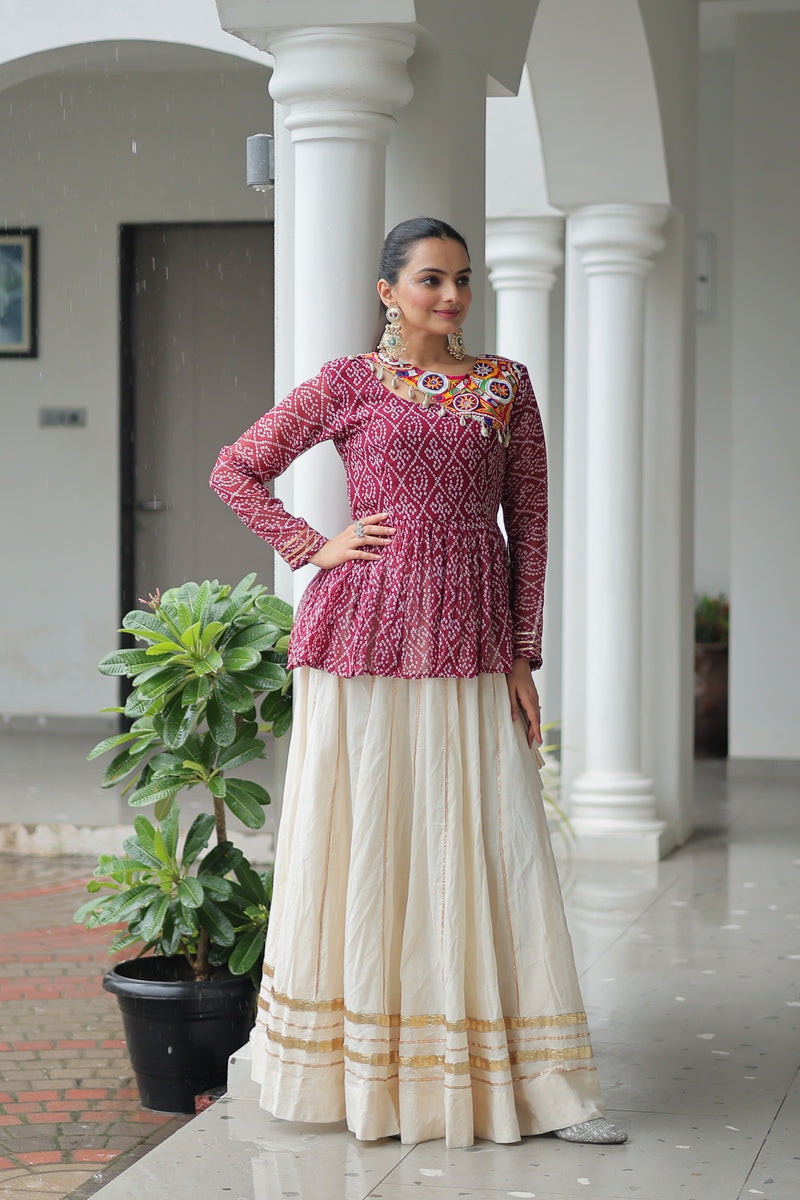 Womenline Maroon Bandhani Style Peplum Choli With Kora Cotton Lehenga