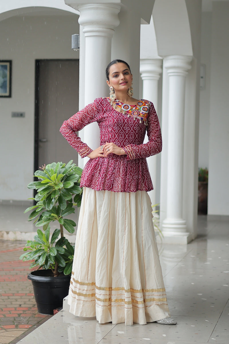Womenline Maroon Bandhani Style Peplum Choli With Kora Cotton Lehenga