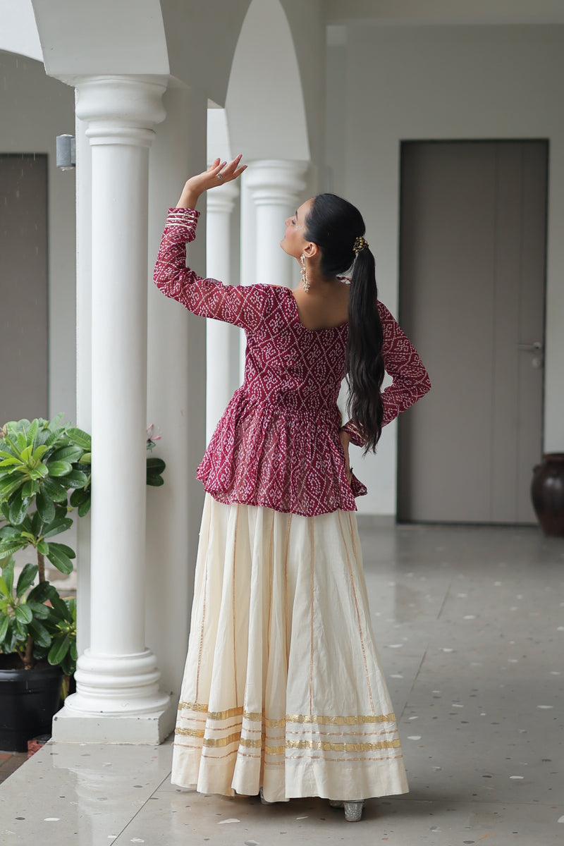 Womenline Maroon Bandhani Style Peplum Choli With Kora Cotton Lehenga