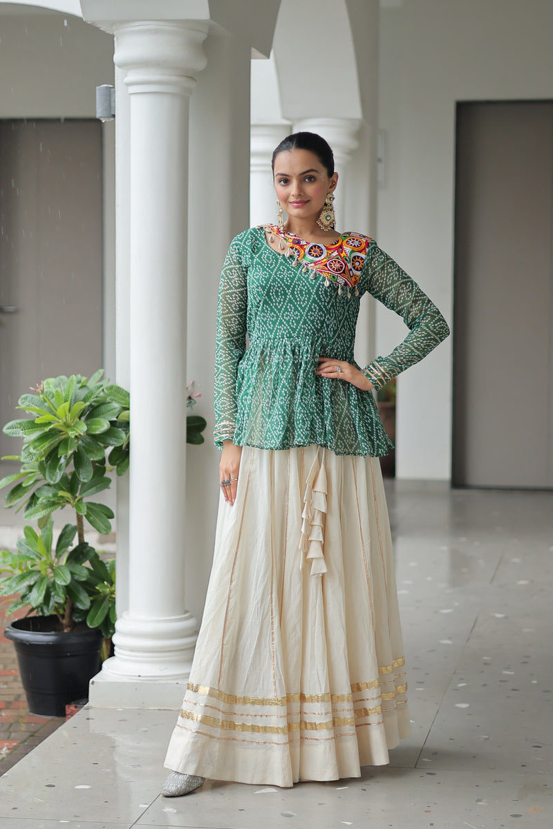 Womenline Green Bandhani Style Peplum Choli With Kora Cotton Lehenga