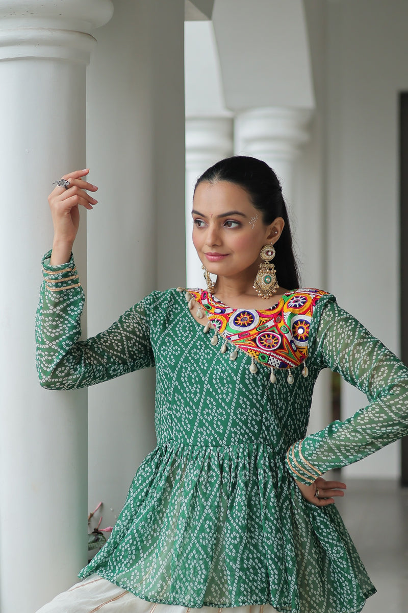Womenline Green Bandhani Style Peplum Choli With Kora Cotton Lehenga