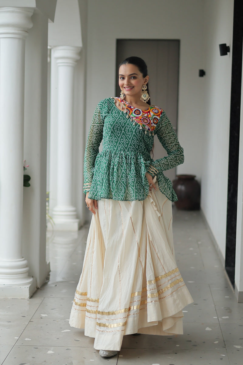 Womenline Green Bandhani Style Peplum Choli With Kora Cotton Lehenga