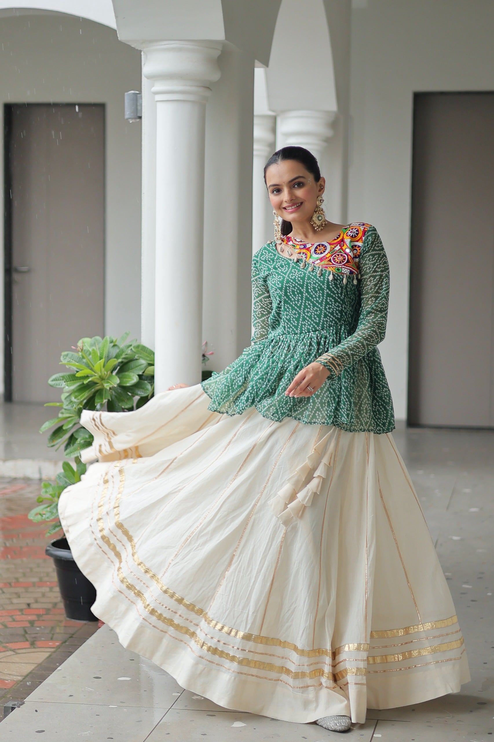 Womenline Green Bandhani Style Peplum Choli With Kora Cotton Lehenga