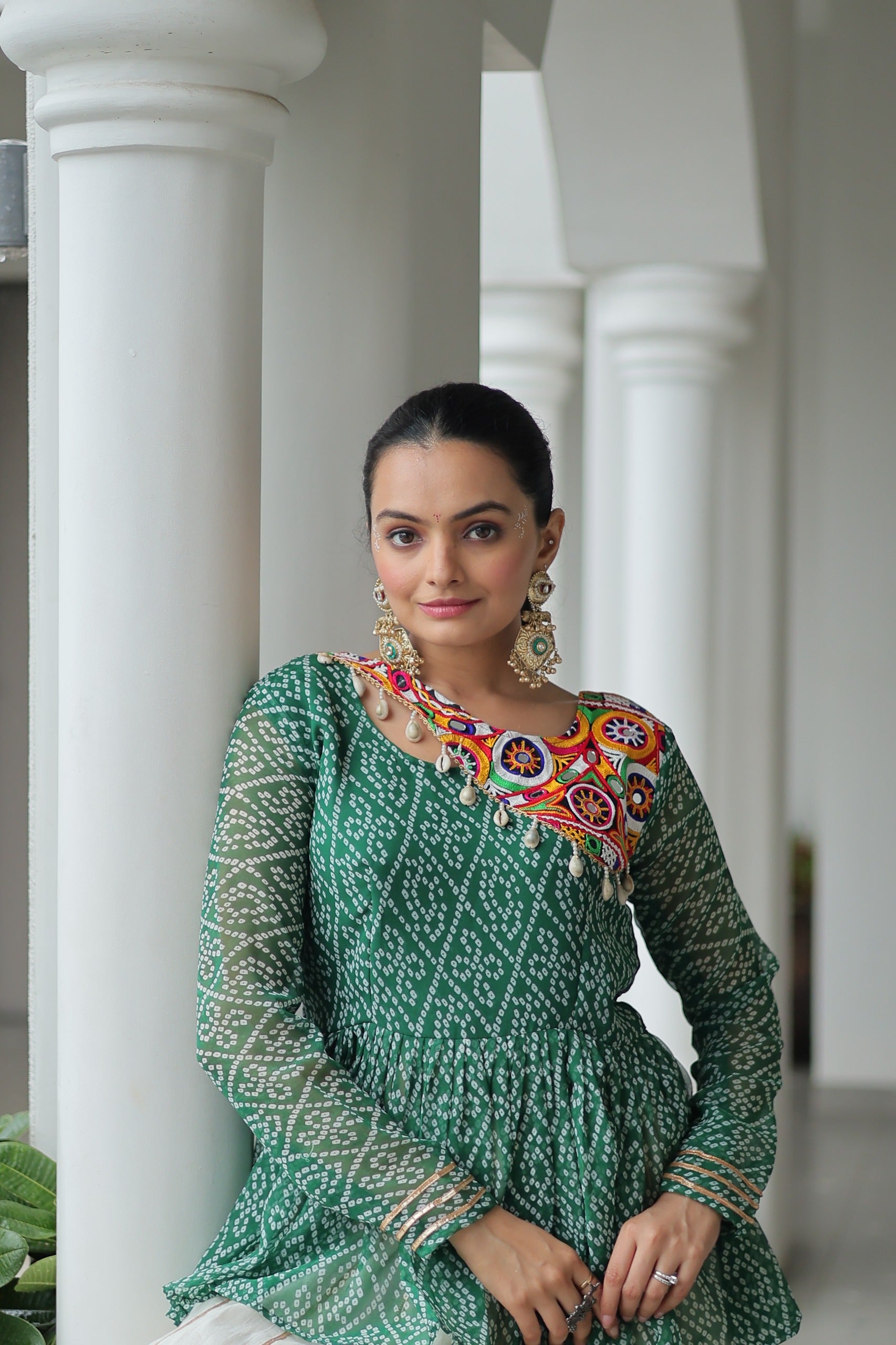 Womenline Green Bandhani Style Peplum Choli With Kora Cotton Lehenga