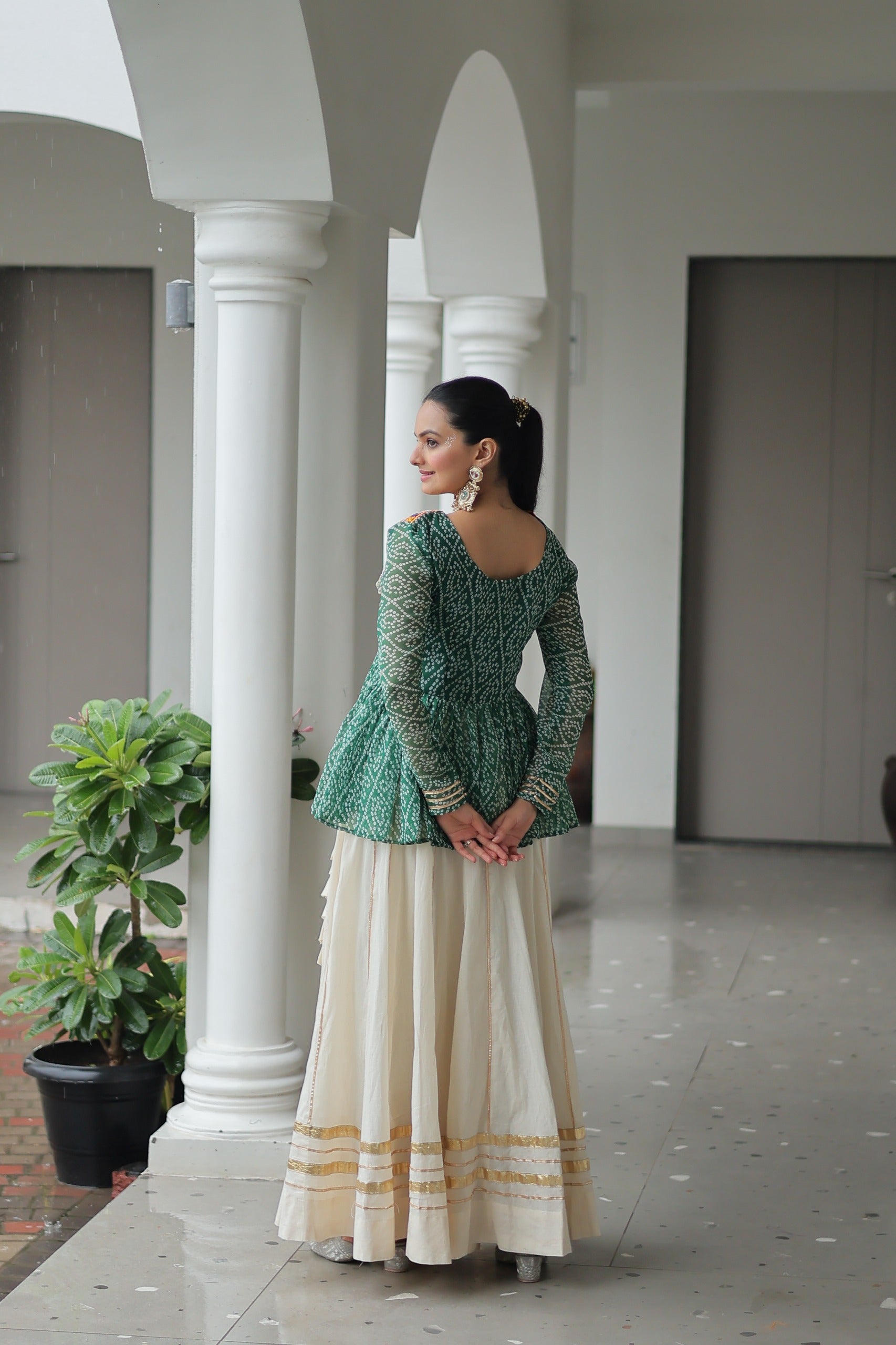 Womenline Green Bandhani Style Peplum Choli With Kora Cotton Lehenga