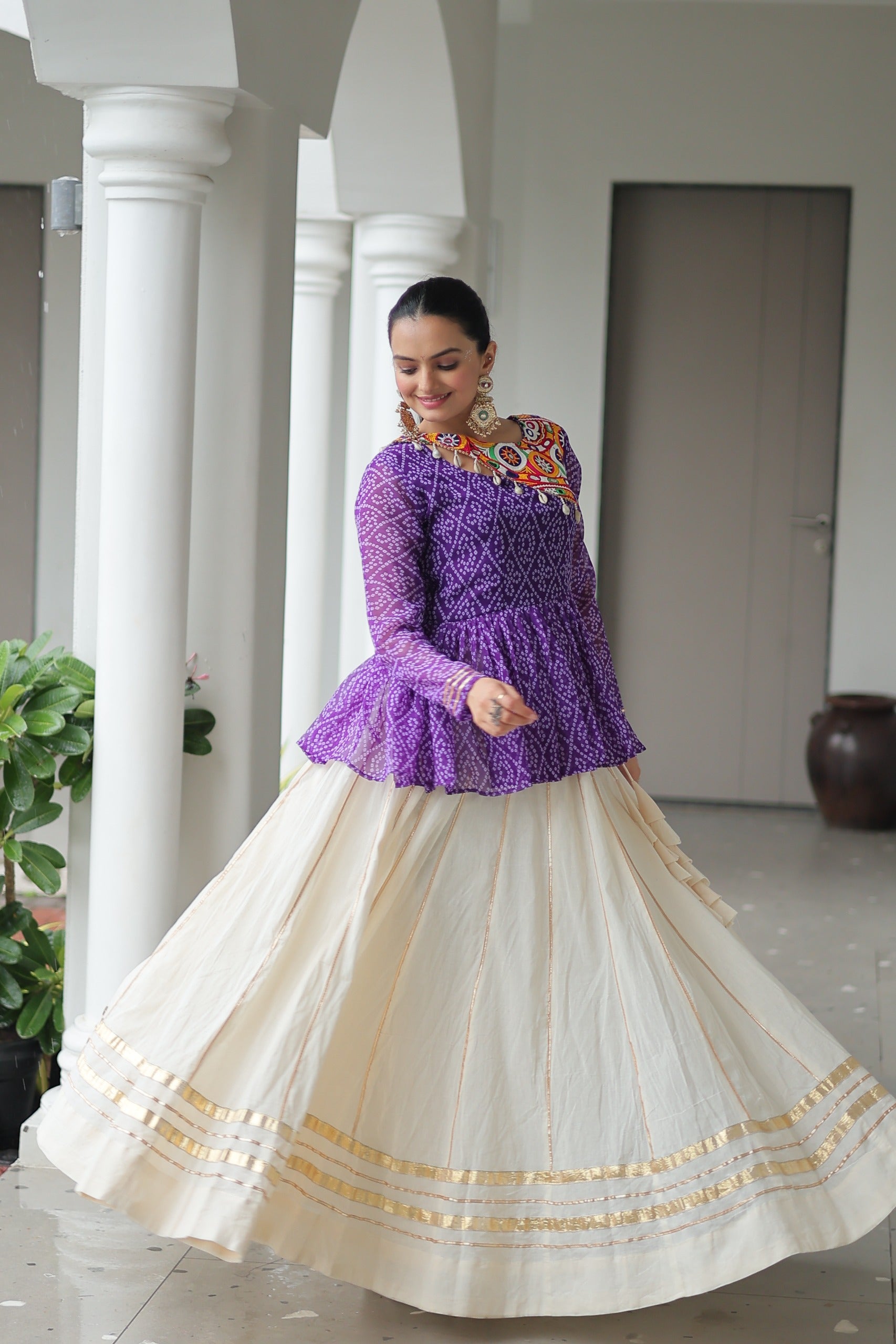 Womenline Purple Bandhani Style Peplum Choli With Kora Cotton Lehenga