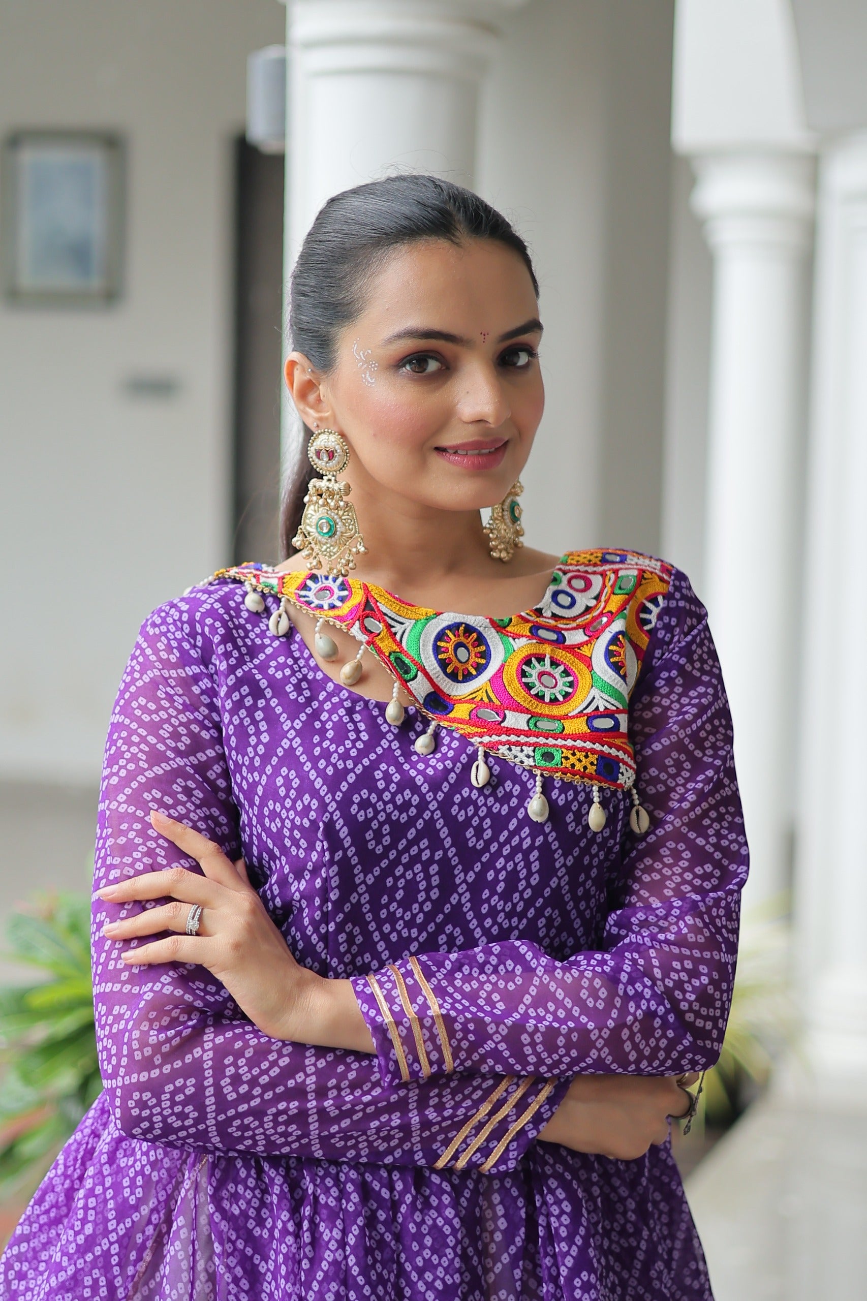 Womenline Purple Bandhani Style Peplum Choli With Kora Cotton Lehenga