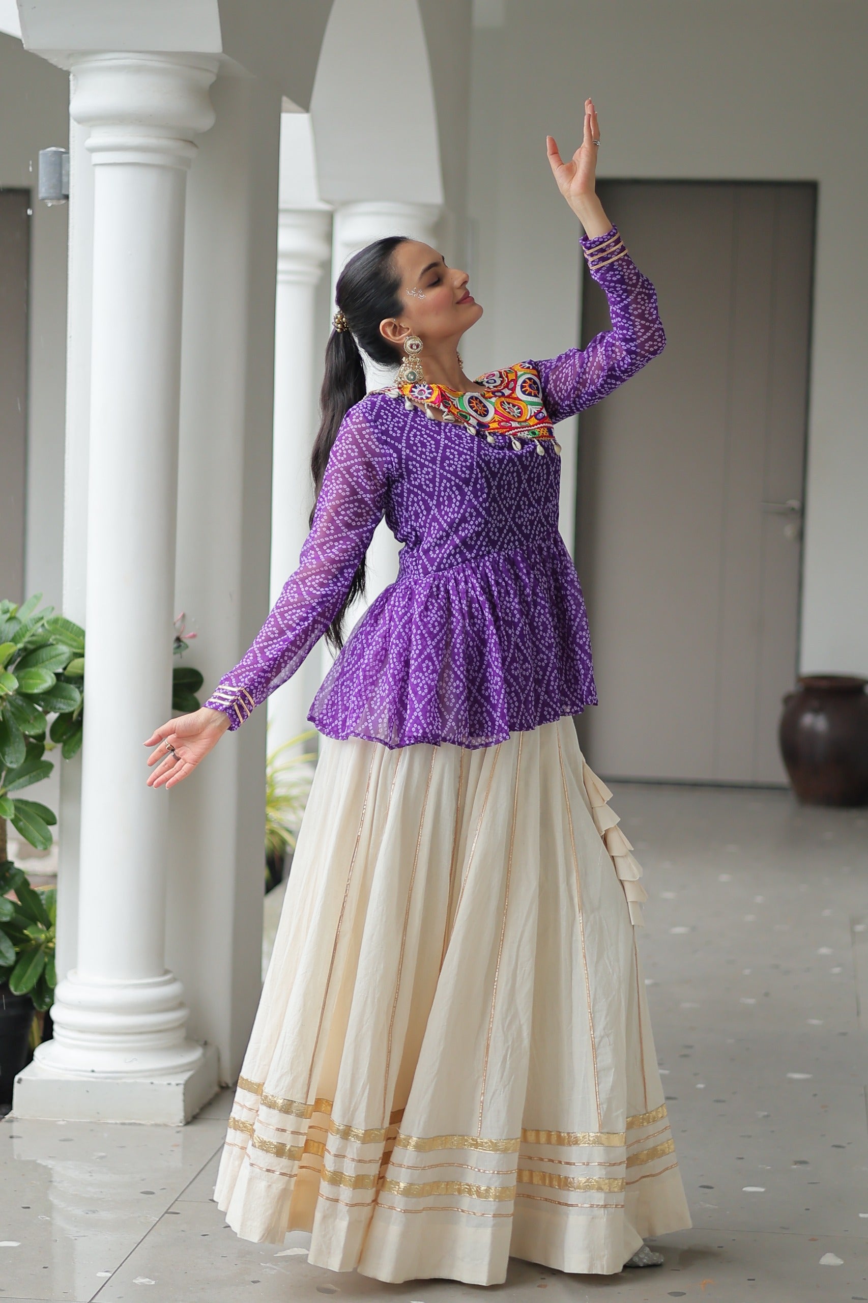 Womenline Purple Bandhani Style Peplum Choli With Kora Cotton Lehenga