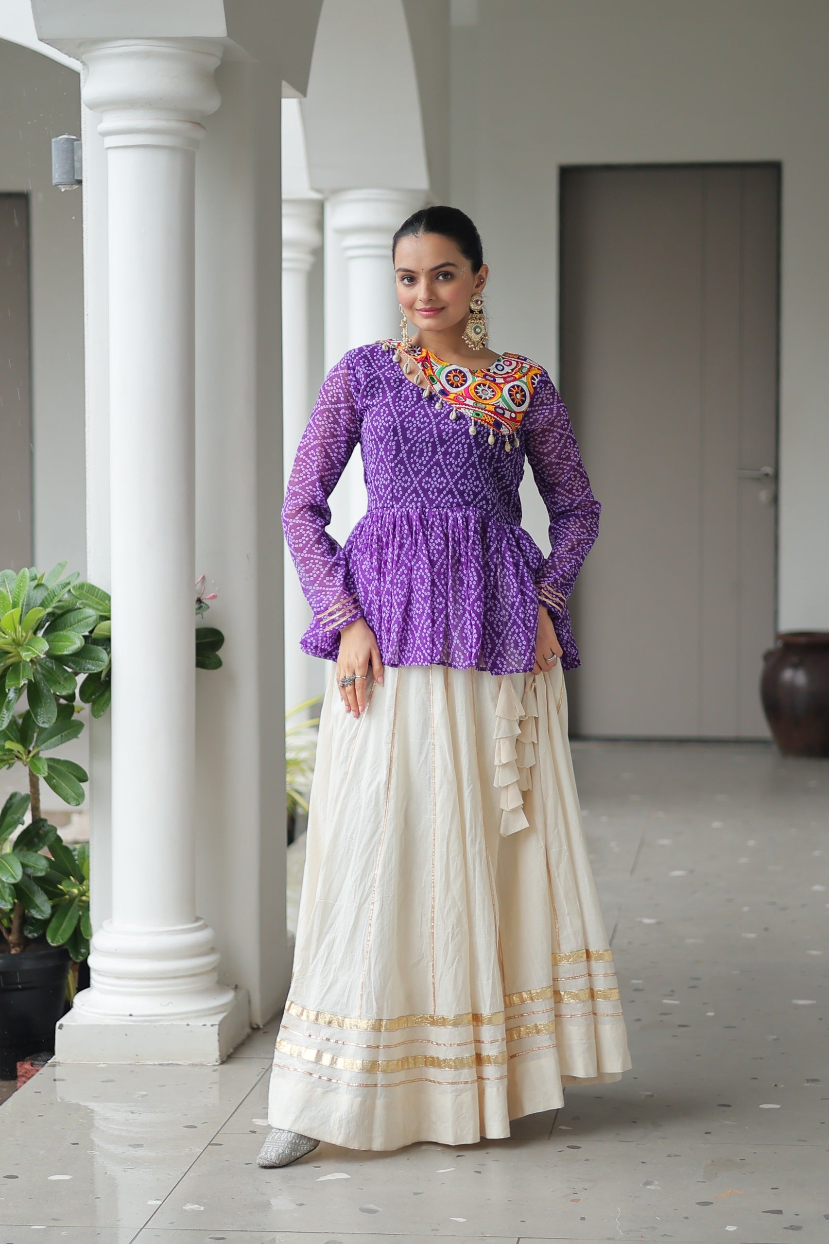 Womenline Purple Bandhani Style Peplum Choli With Kora Cotton Lehenga