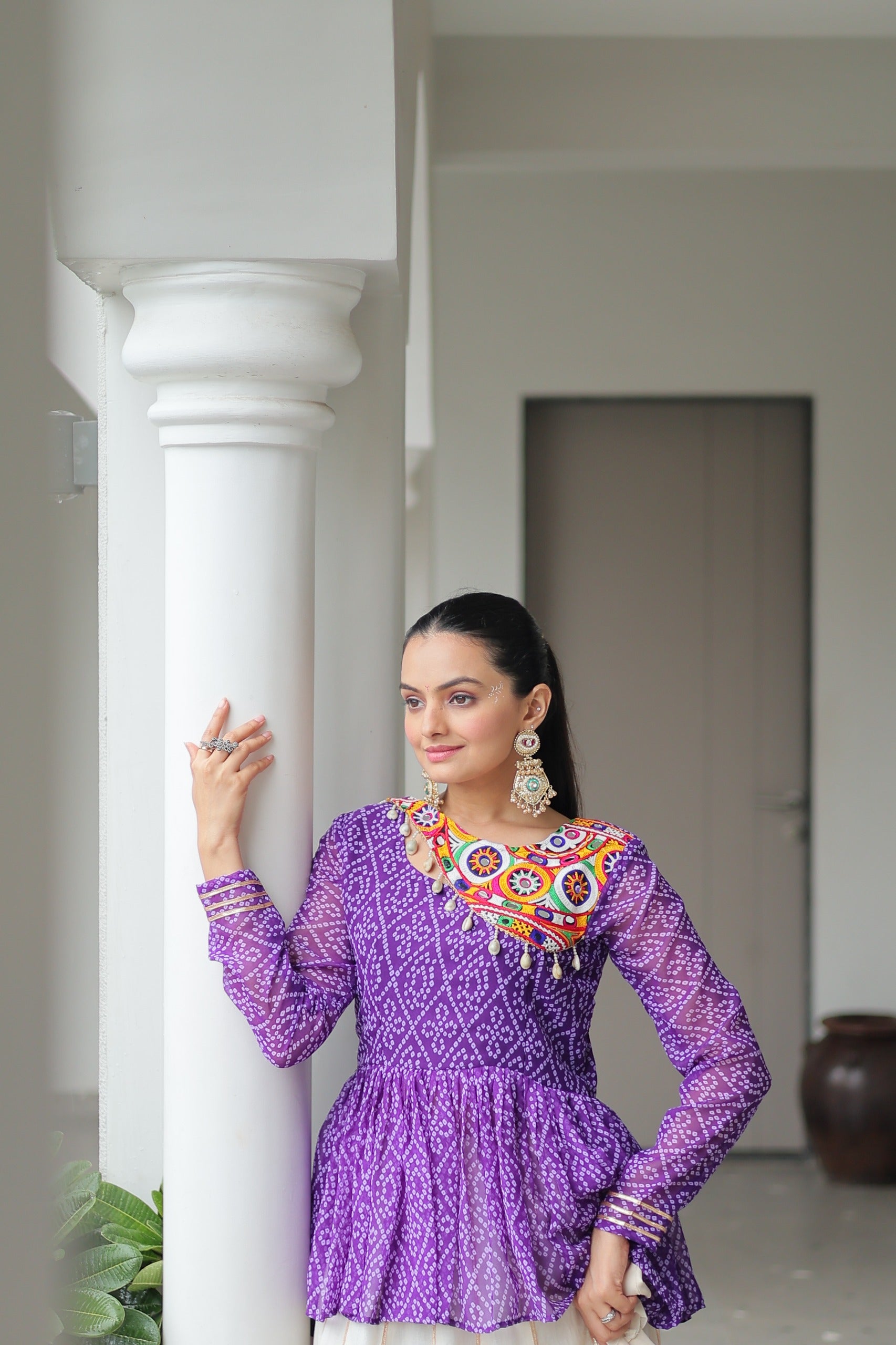 Womenline Purple Bandhani Style Peplum Choli With Kora Cotton Lehenga