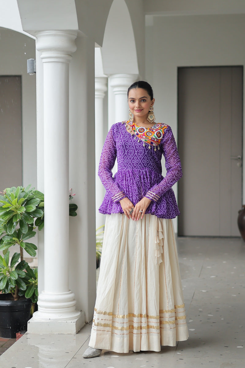 Womenline Purple Bandhani Style Peplum Choli With Kora Cotton Lehenga