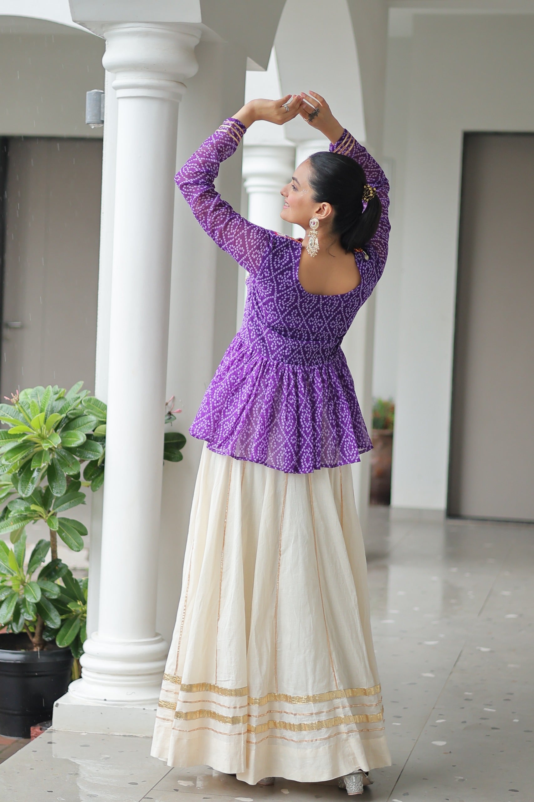 Womenline Purple Bandhani Style Peplum Choli With Kora Cotton Lehenga