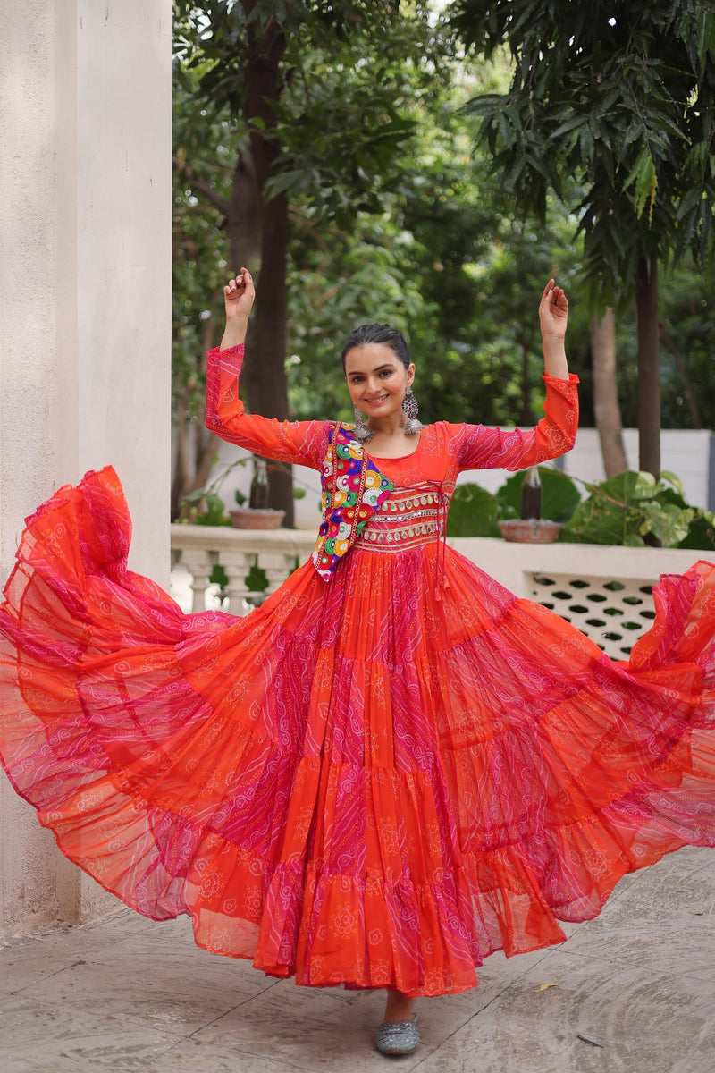 Womenline Orange Color Laheriya Faux Grorgette Navratri Gown