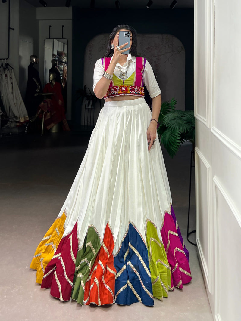 Womenline White Rayon Navratri Lehenga Choli WIth Multicolor Border