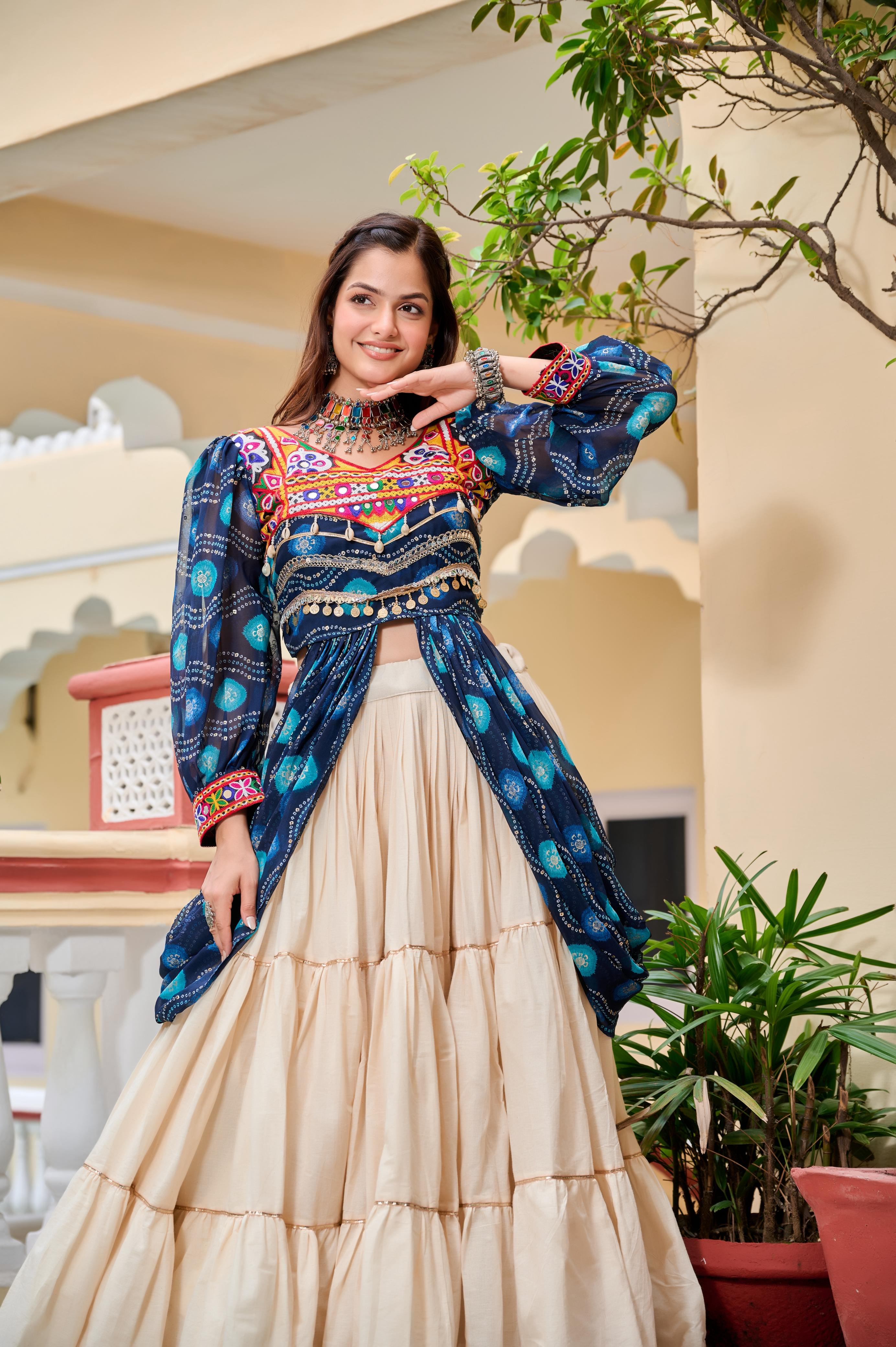 Womenline Blure Color Cotton Gamthi Work Navratri Lehenga Choli