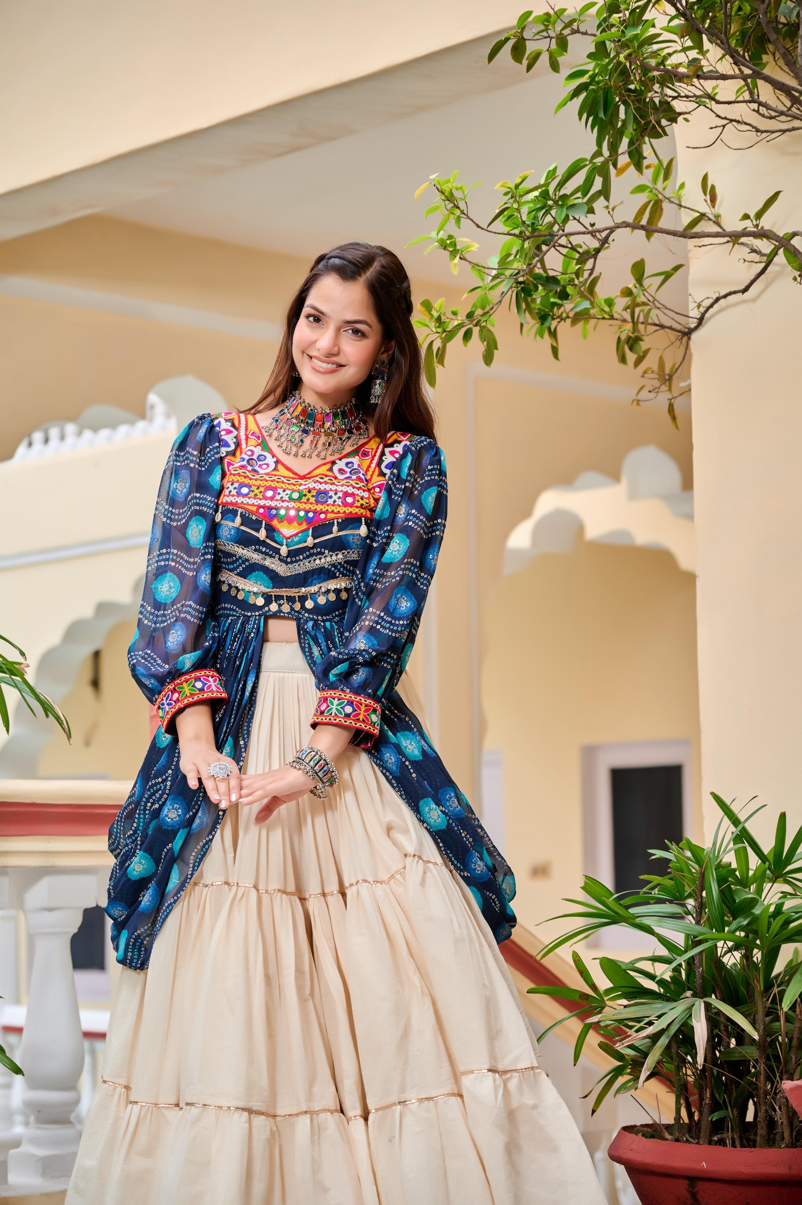 Womenline Blure Color Cotton Gamthi Work Navratri Lehenga Choli