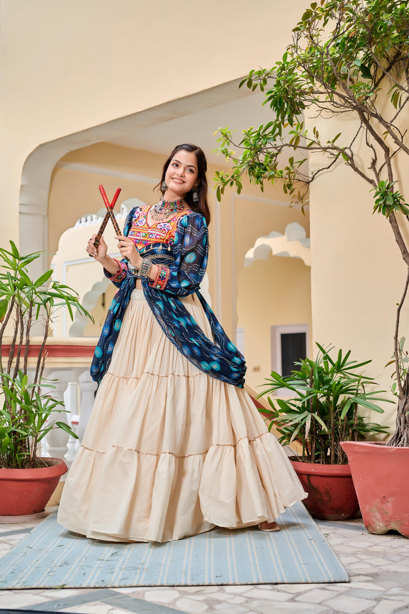 Womenline Blure Color Cotton Gamthi Work Navratri Lehenga Choli