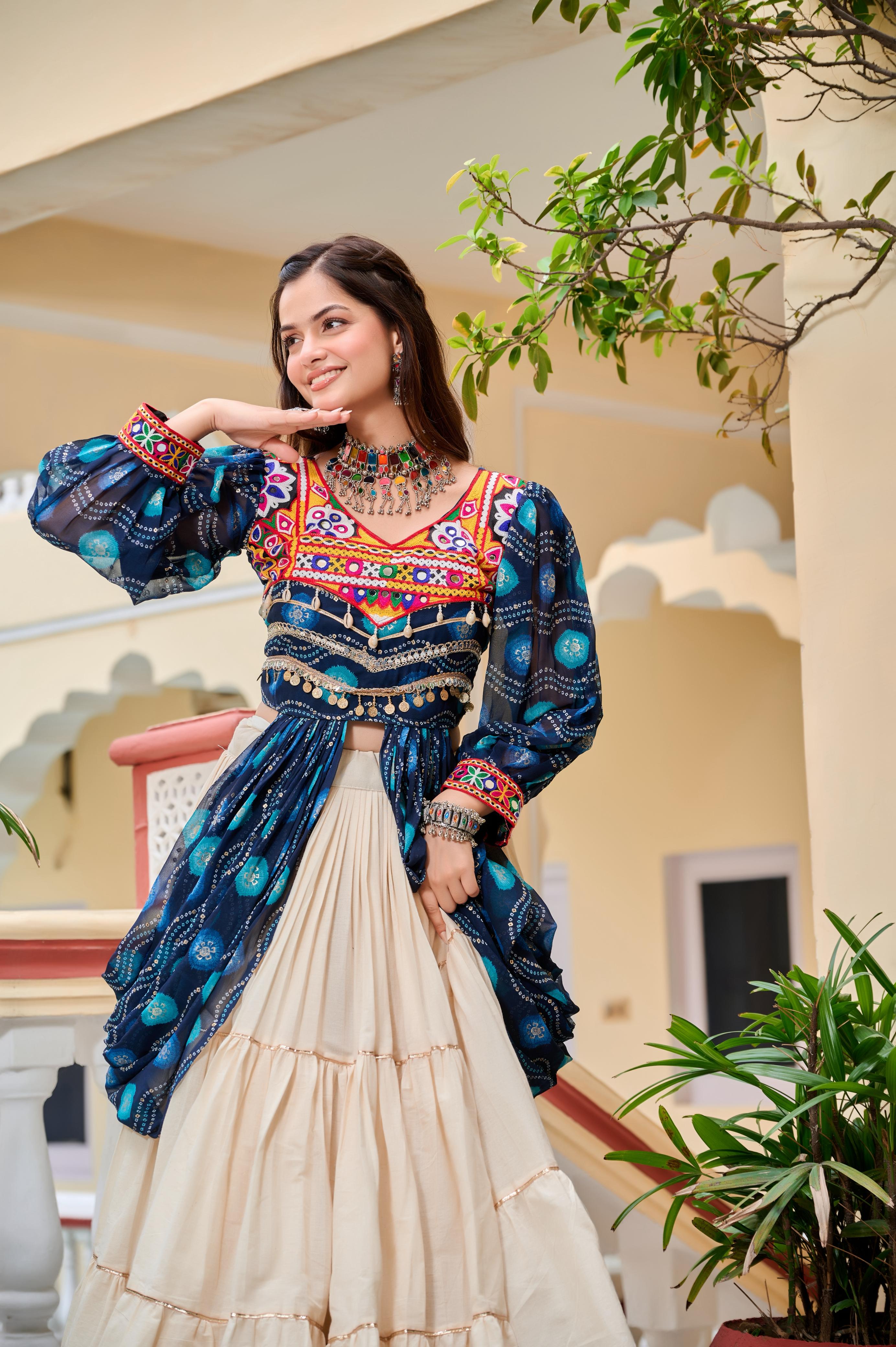 Womenline Blure Color Cotton Gamthi Work Navratri Lehenga Choli