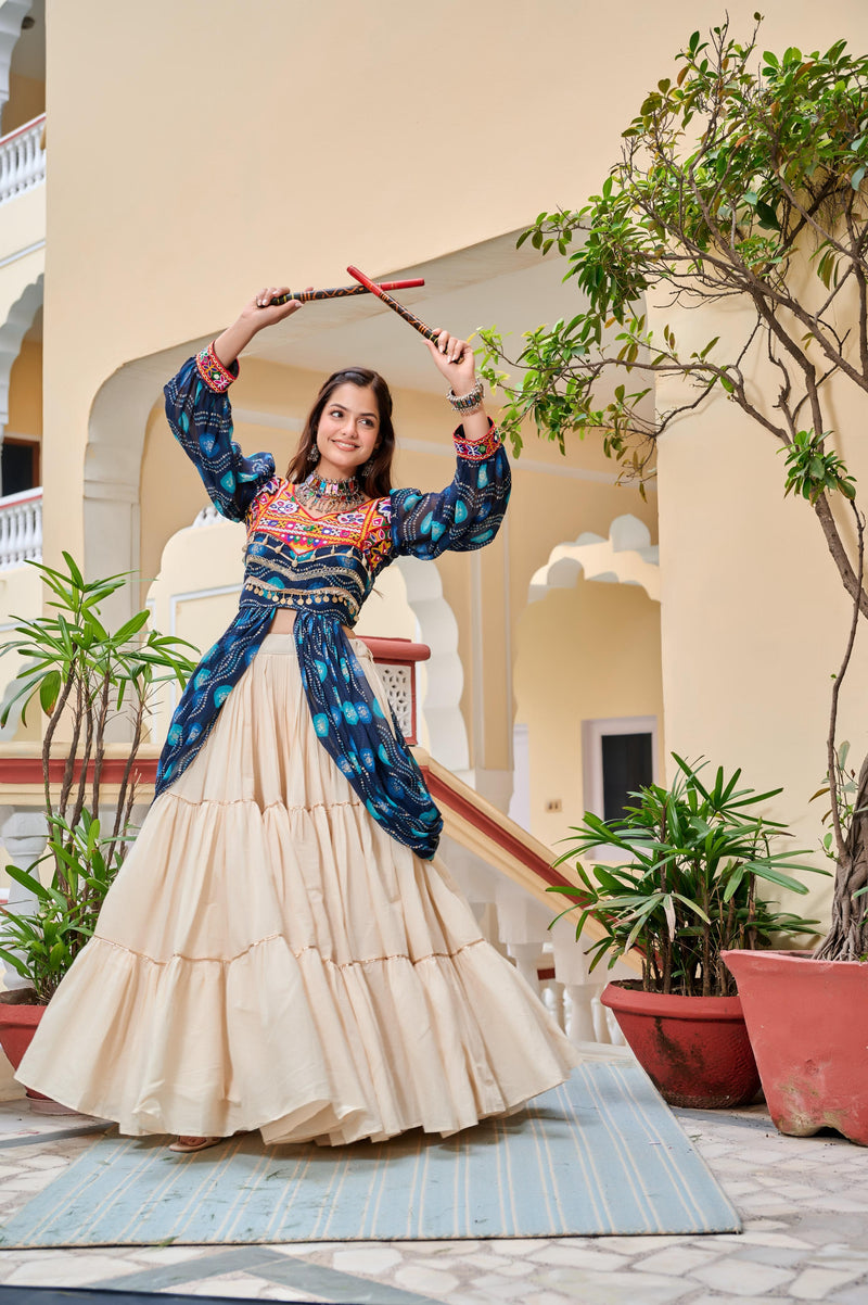 Womenline Blure Color Cotton Gamthi Work Navratri Lehenga Choli