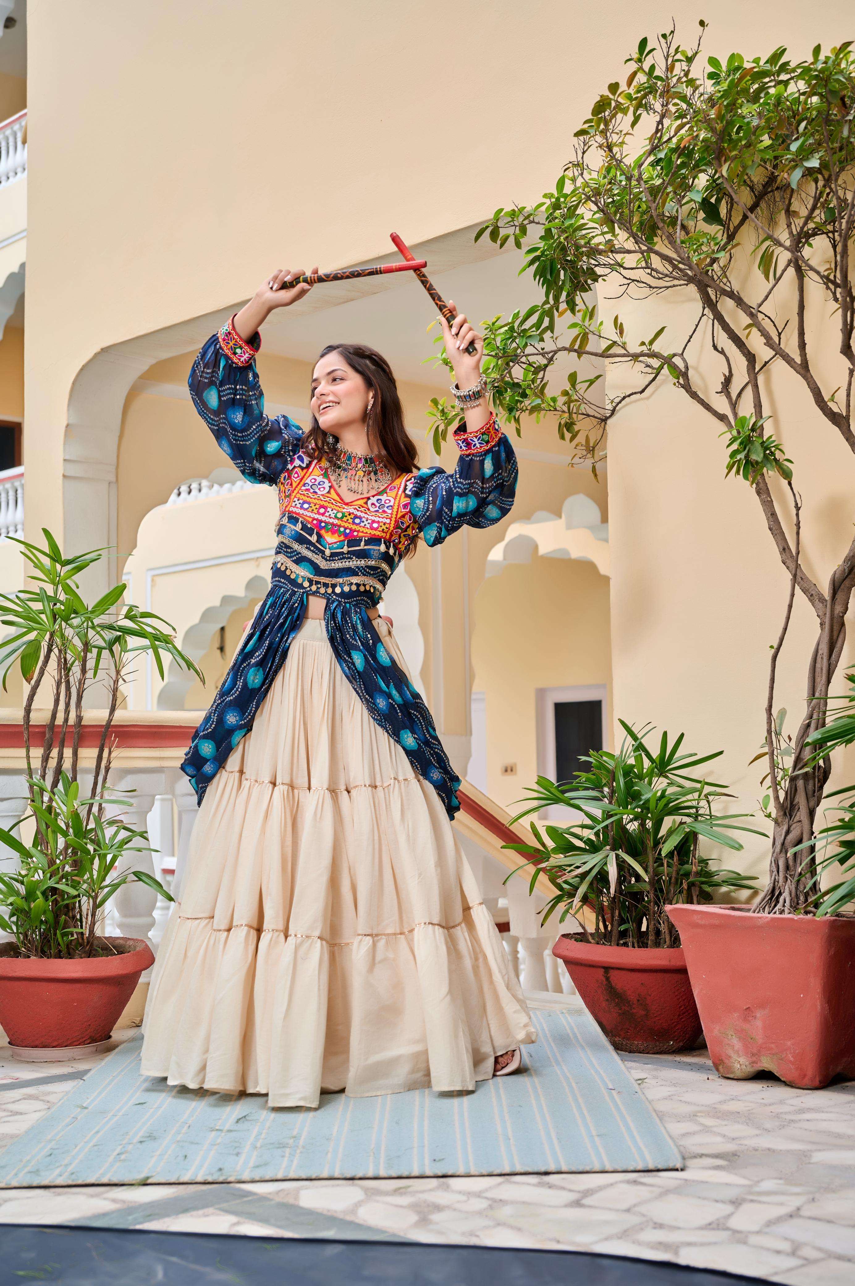 Womenline Blure Color Cotton Gamthi Work Navratri Lehenga Choli