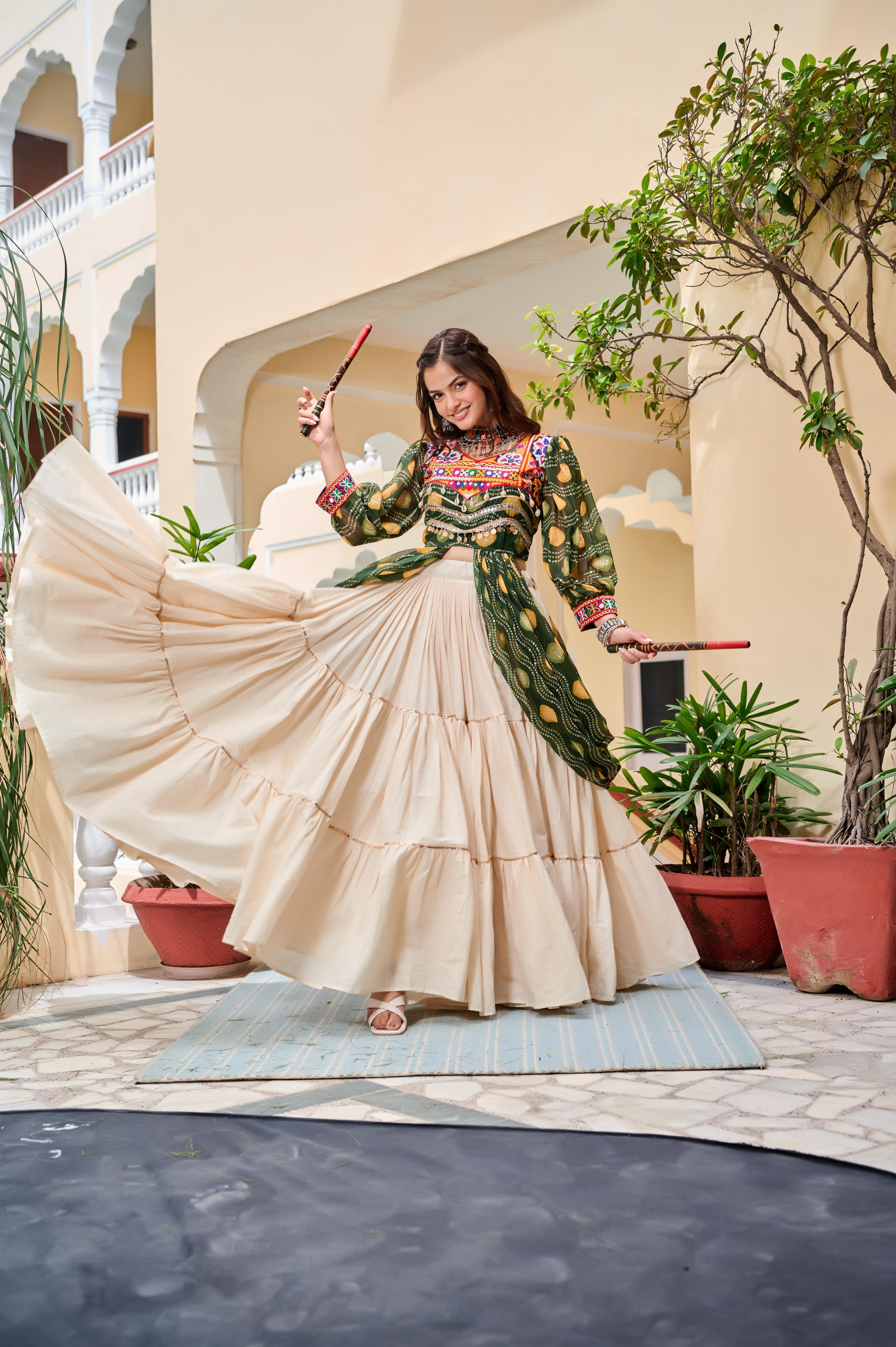 Womenline Green Color Cotton Gamthi Work Navratri Lehenga Choli