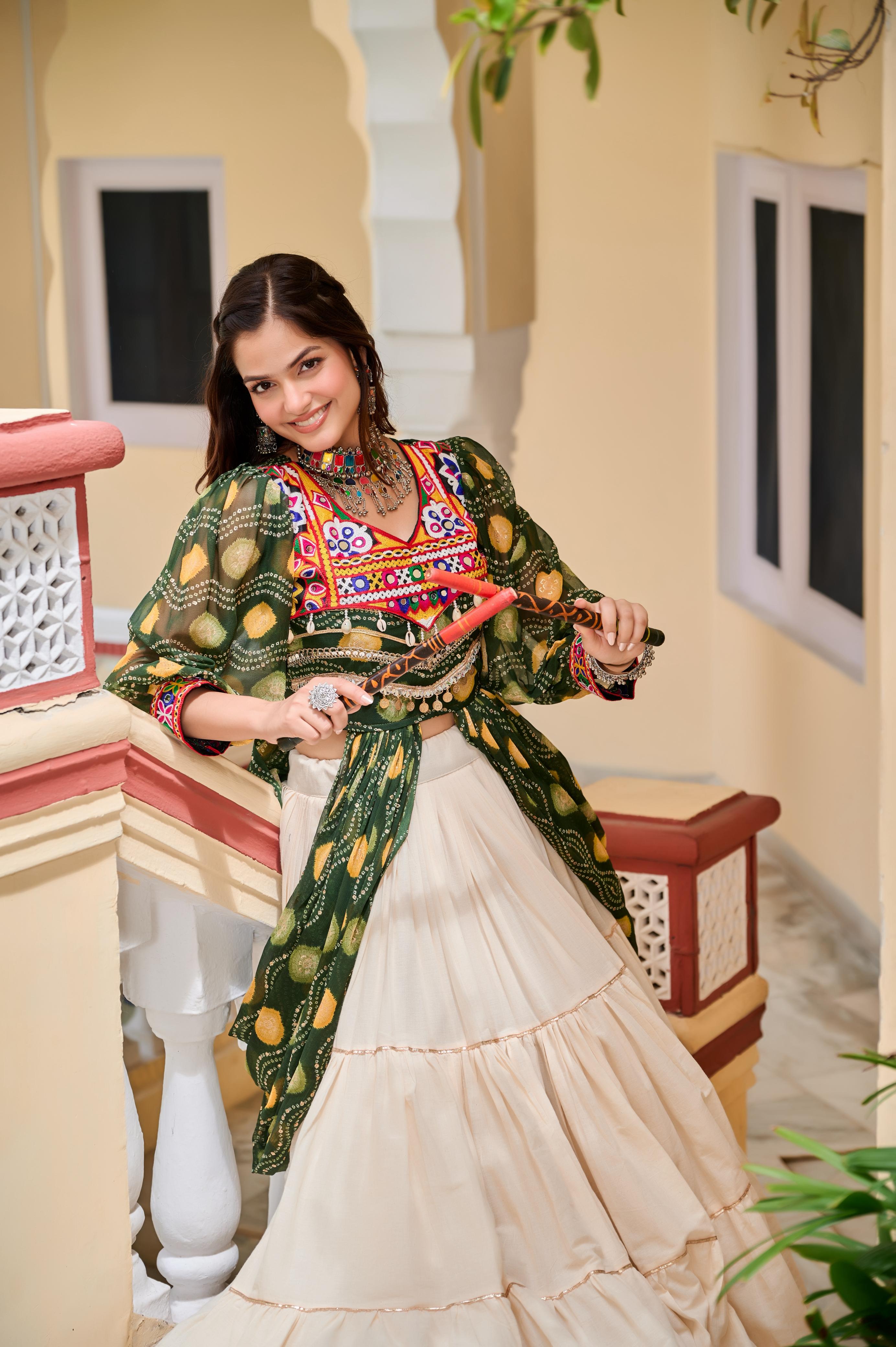 Womenline Green Color Cotton Gamthi Work Navratri Lehenga Choli