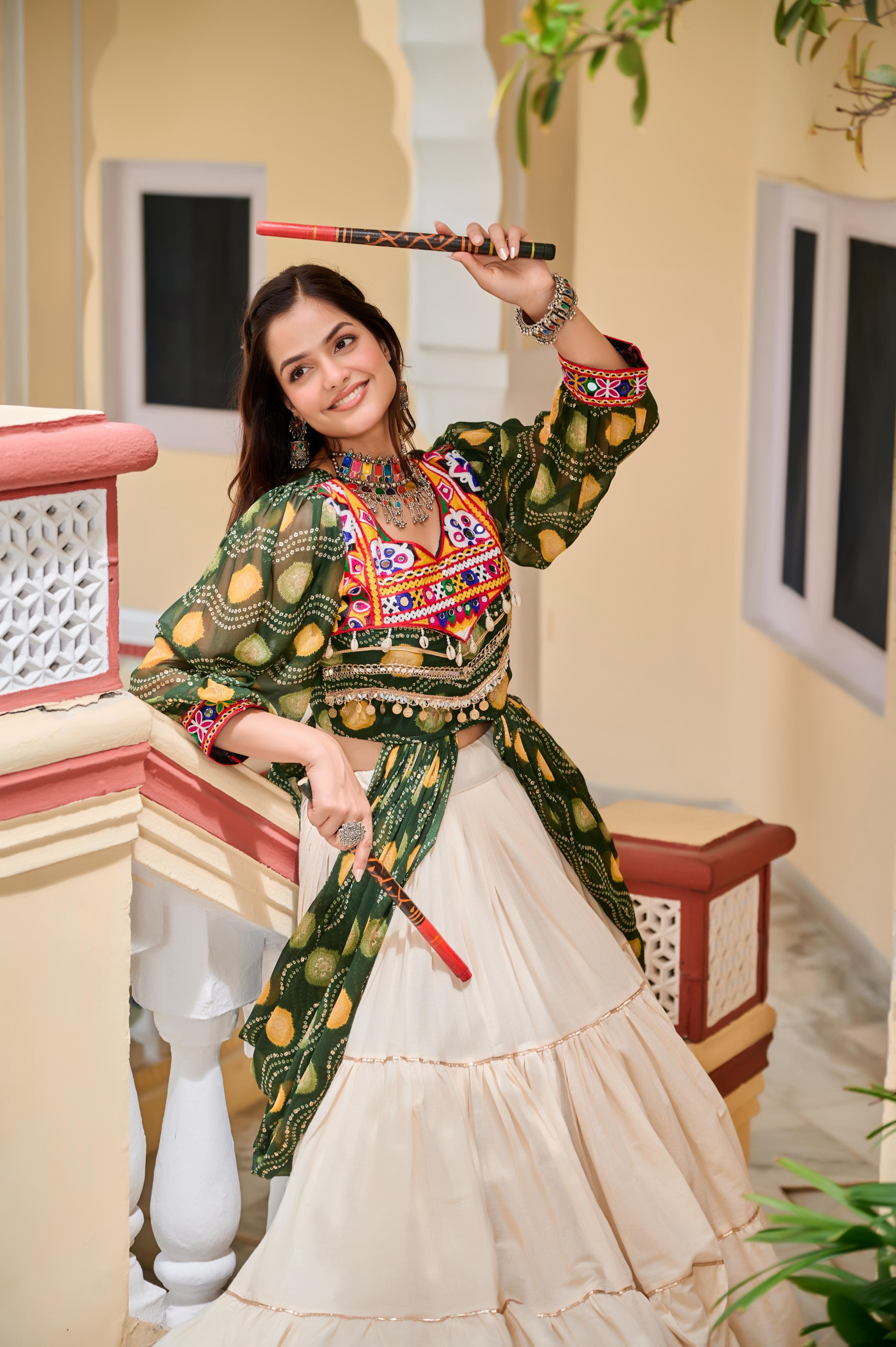 Womenline Green Color Cotton Gamthi Work Navratri Lehenga Choli