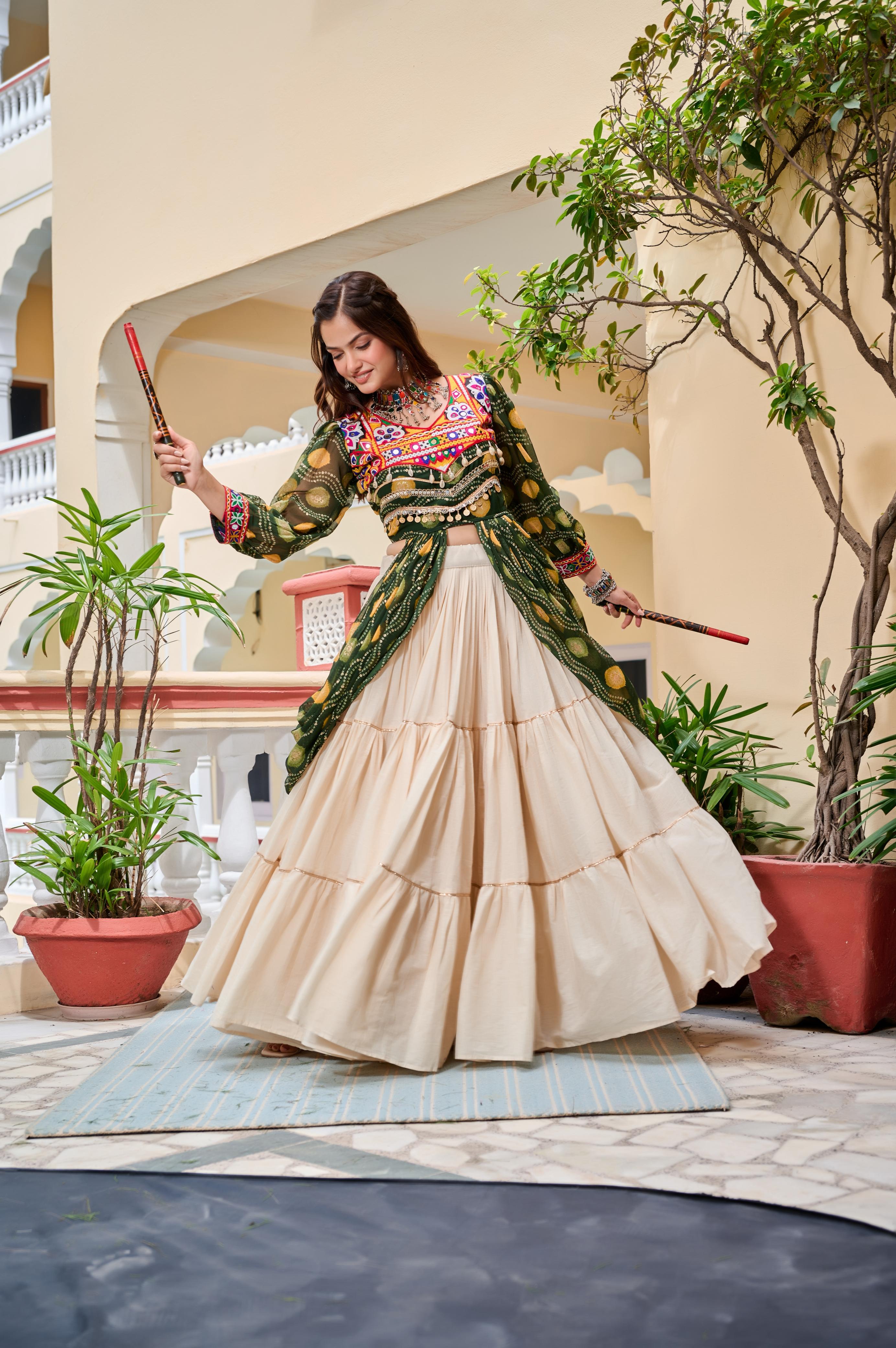 Womenline Green Color Cotton Gamthi Work Navratri Lehenga Choli