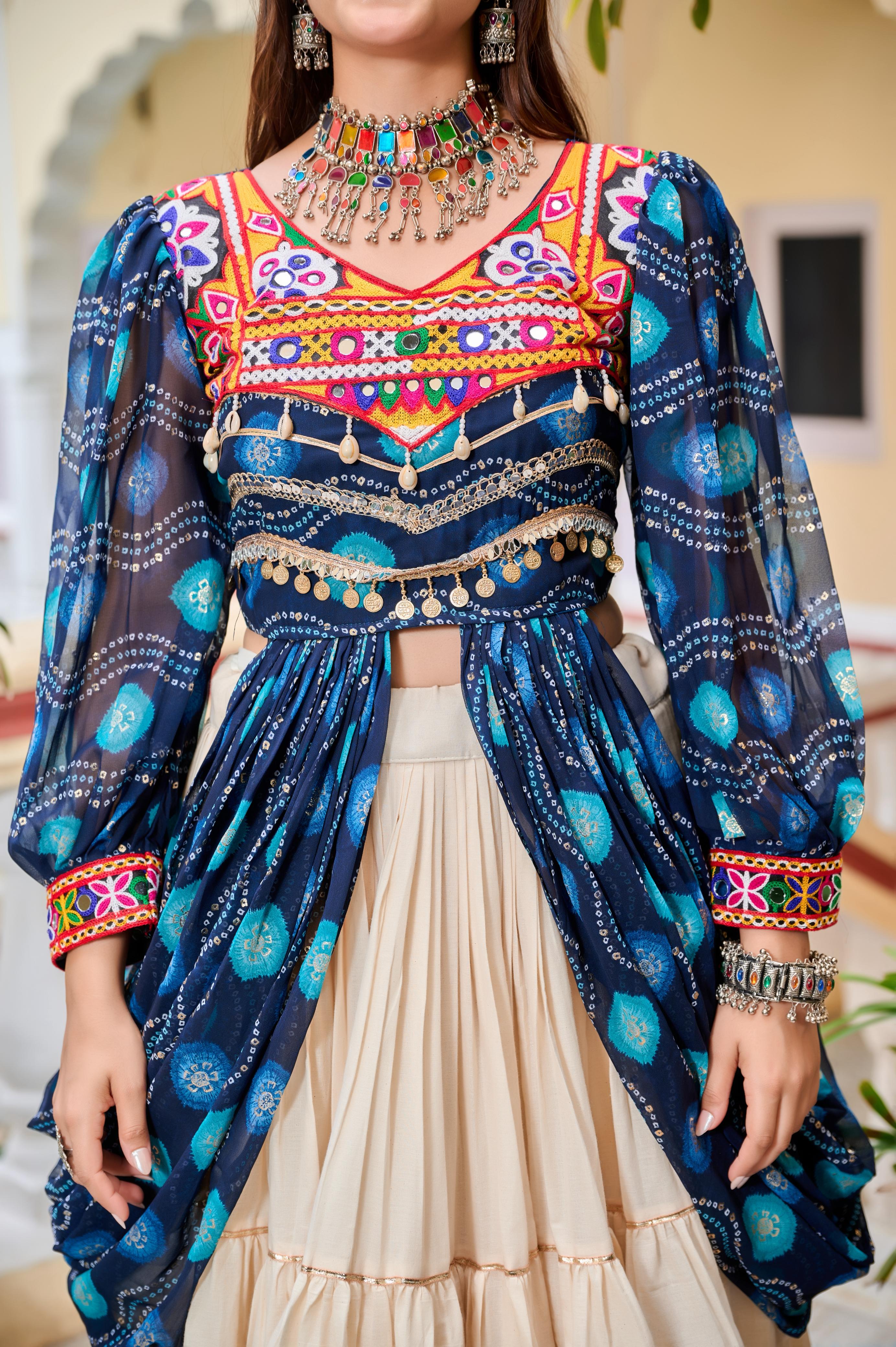 Womenline Blure Color Cotton Gamthi Work Navratri Lehenga Choli