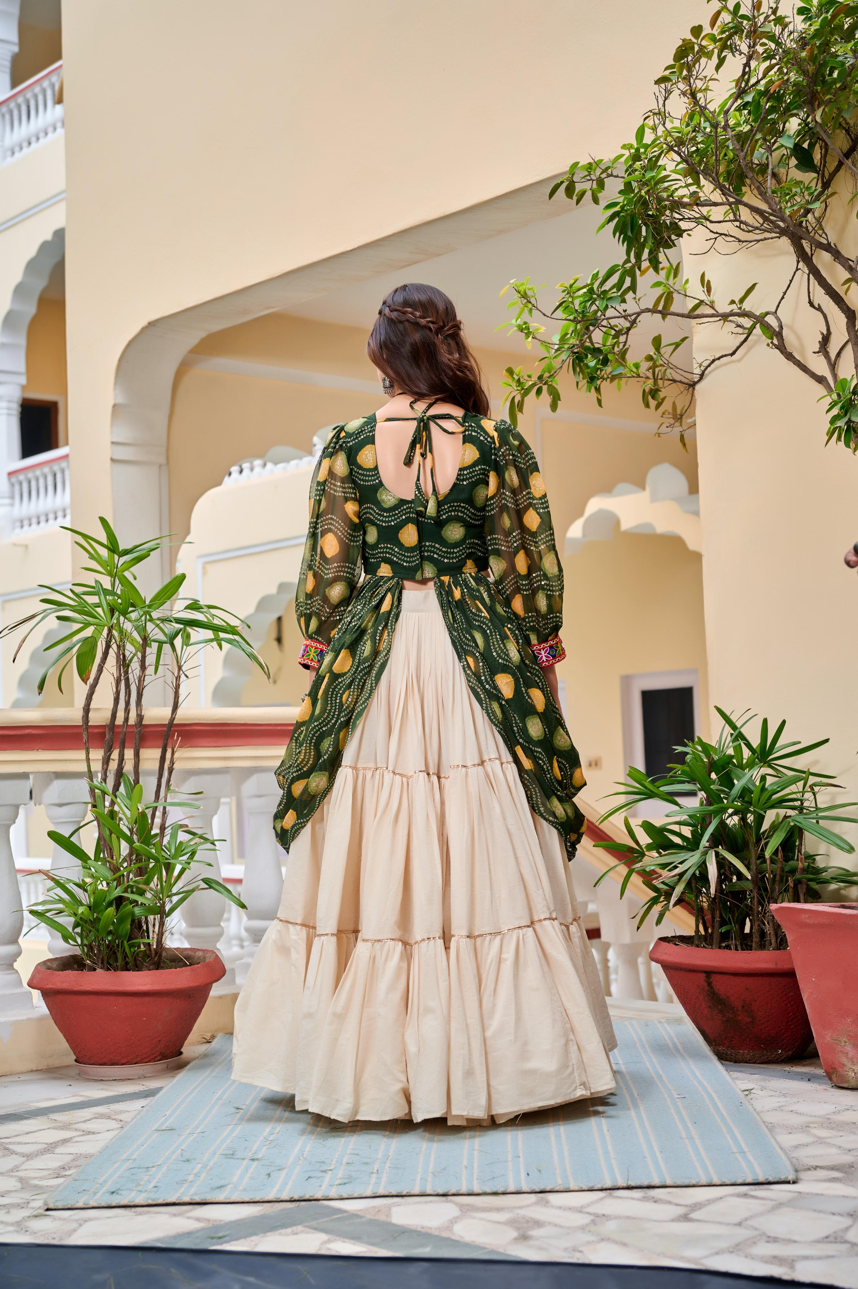 Womenline Green Color Cotton Gamthi Work Navratri Lehenga Choli