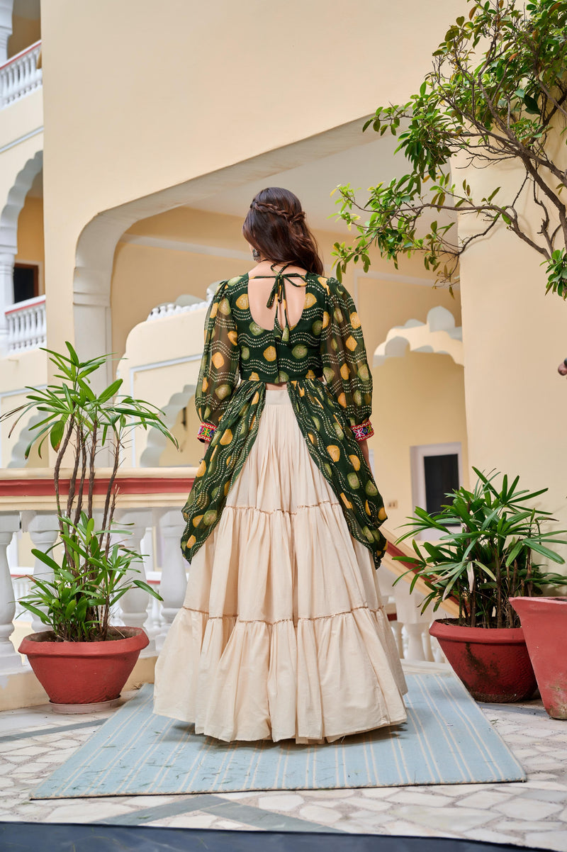 Womenline Green Color Cotton Gamthi Work Navratri Lehenga Choli