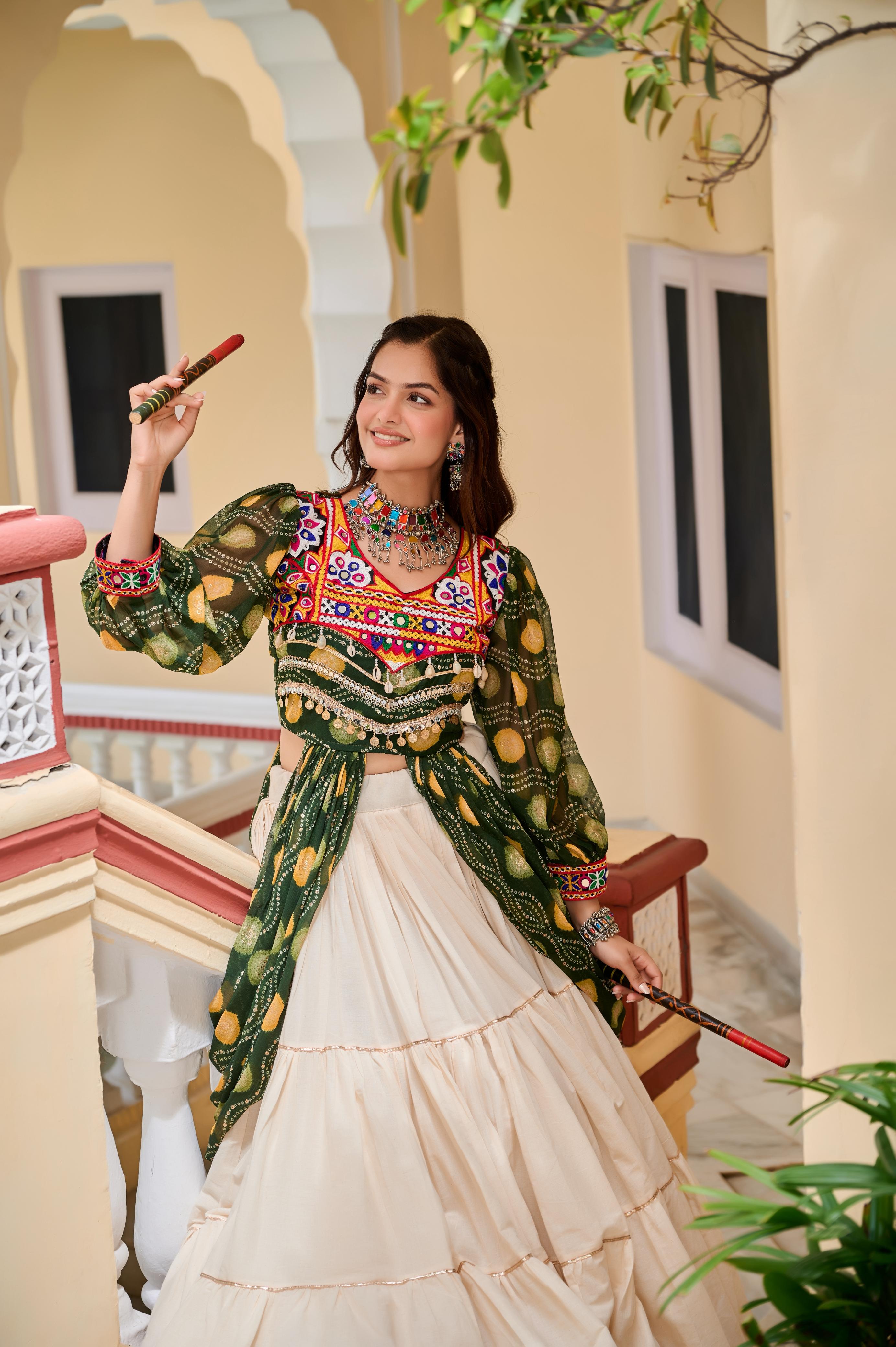 Womenline Green Color Cotton Gamthi Work Navratri Lehenga Choli