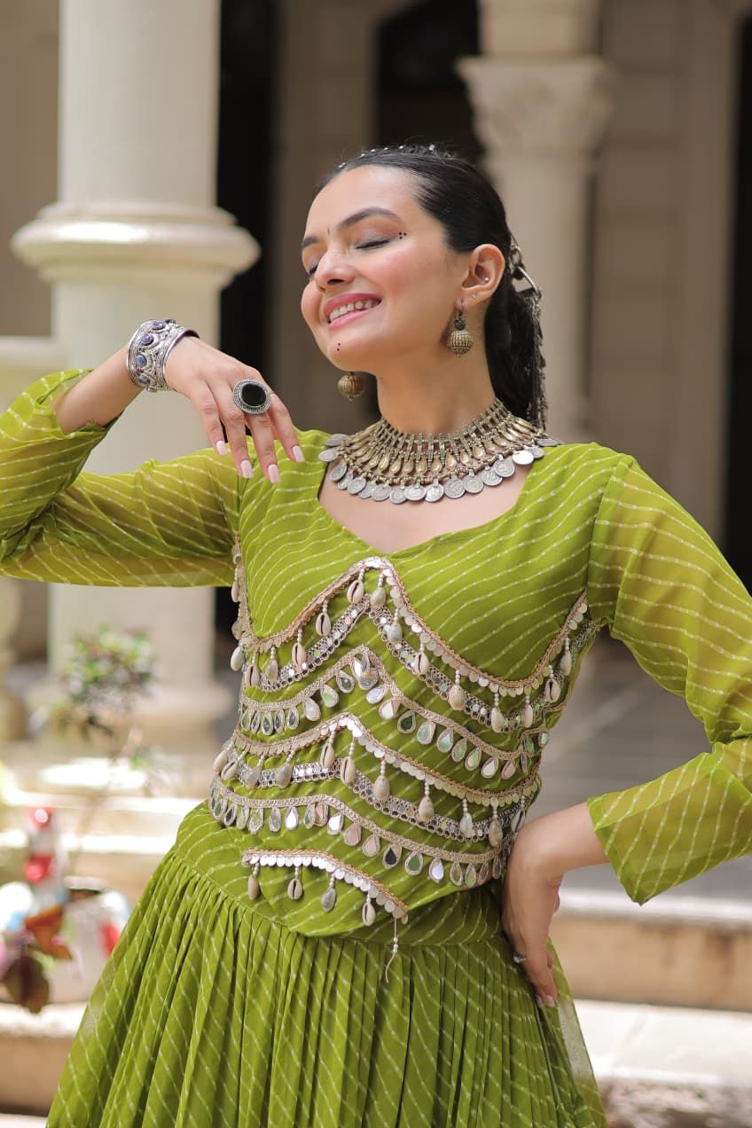 Womenline Parrot Green Color Soft Georgette Navratri Lehenga Choli