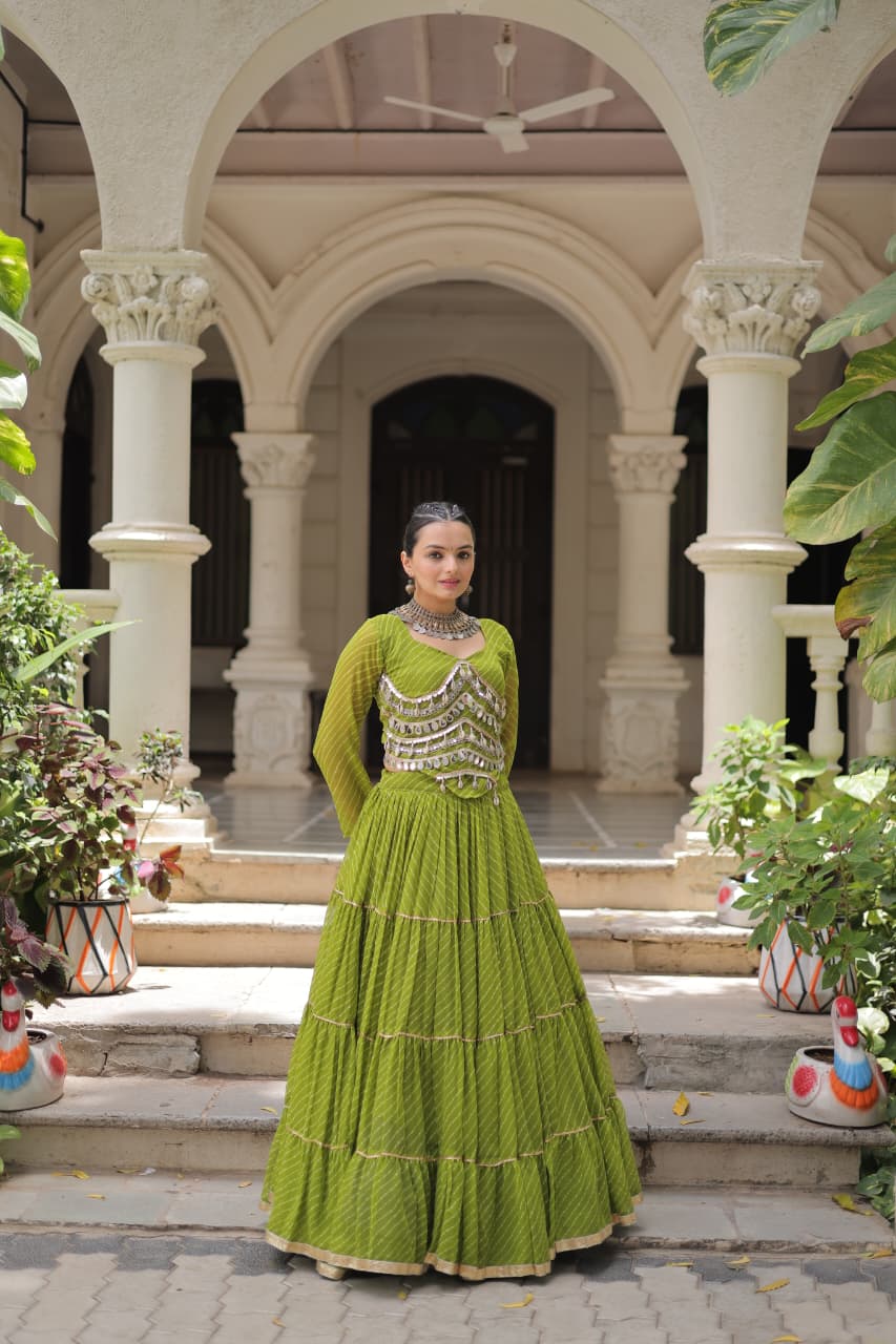 Womenline Parrot Green Color Soft Georgette Navratri Lehenga Choli