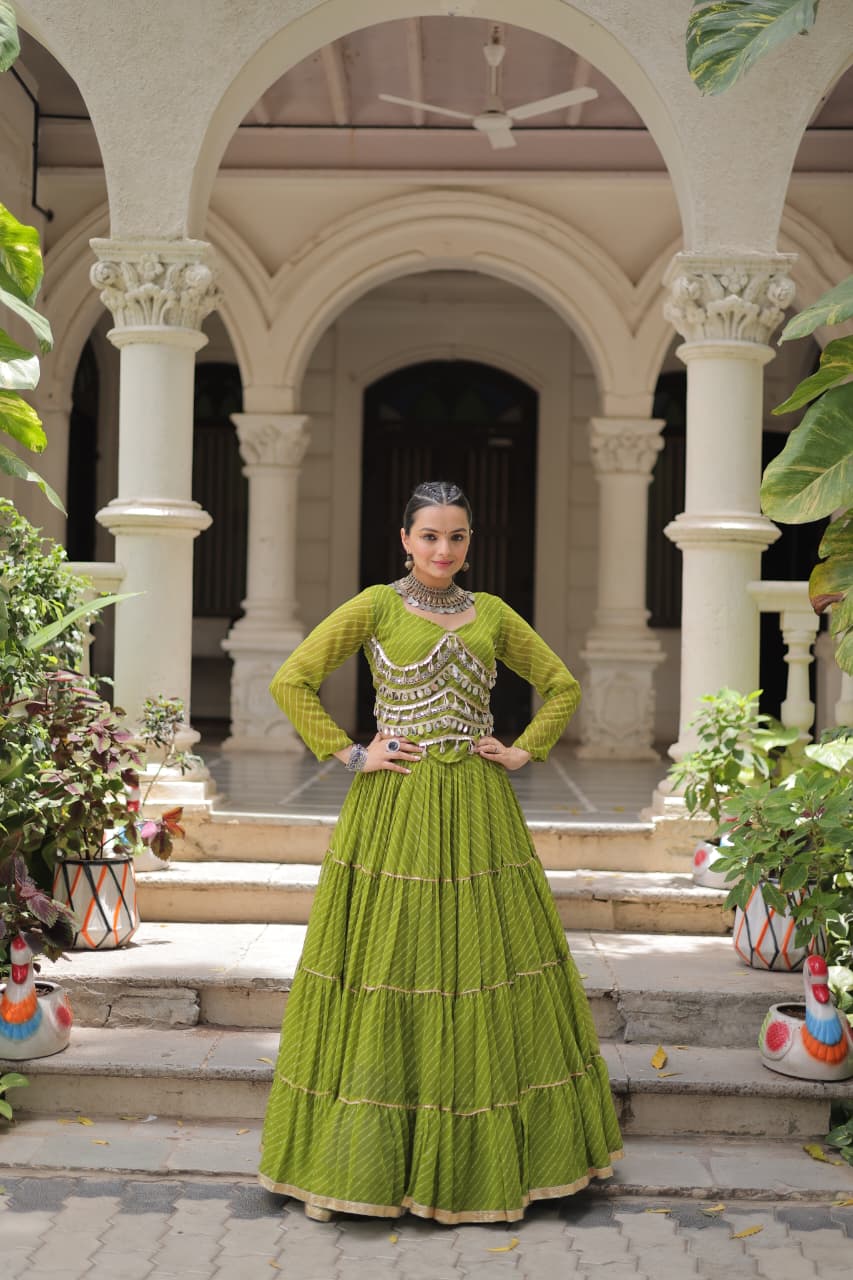 Womenline Parrot Green Color Soft Georgette Navratri Lehenga Choli