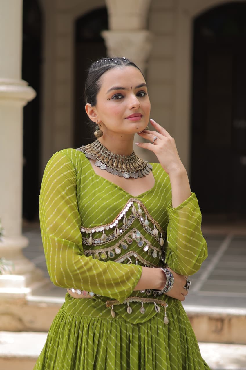 Womenline Parrot Green Color Soft Georgette Navratri Lehenga Choli