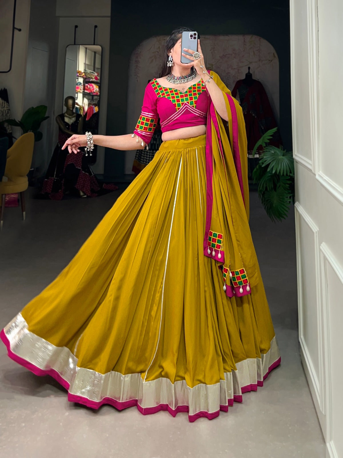 Womenline Musterd Color Rayon Navratri Lehenga Choli