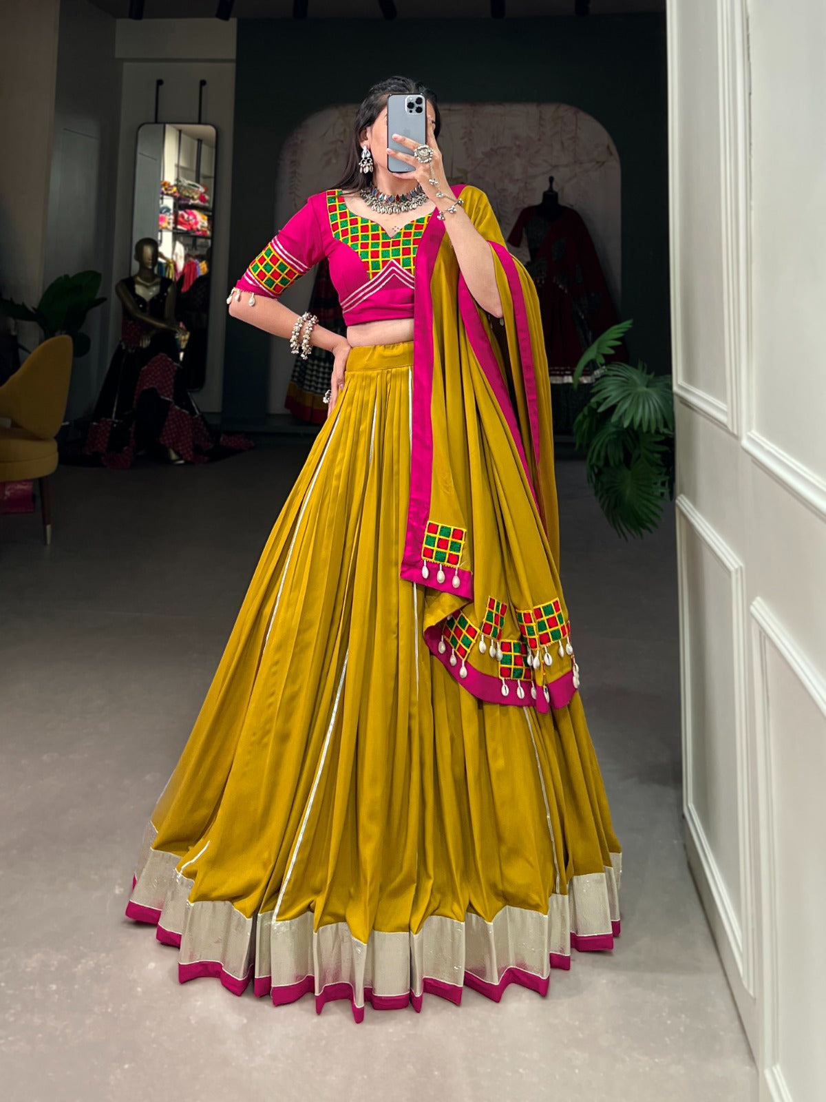 Womenline Musterd Color Rayon Navratri Lehenga Choli