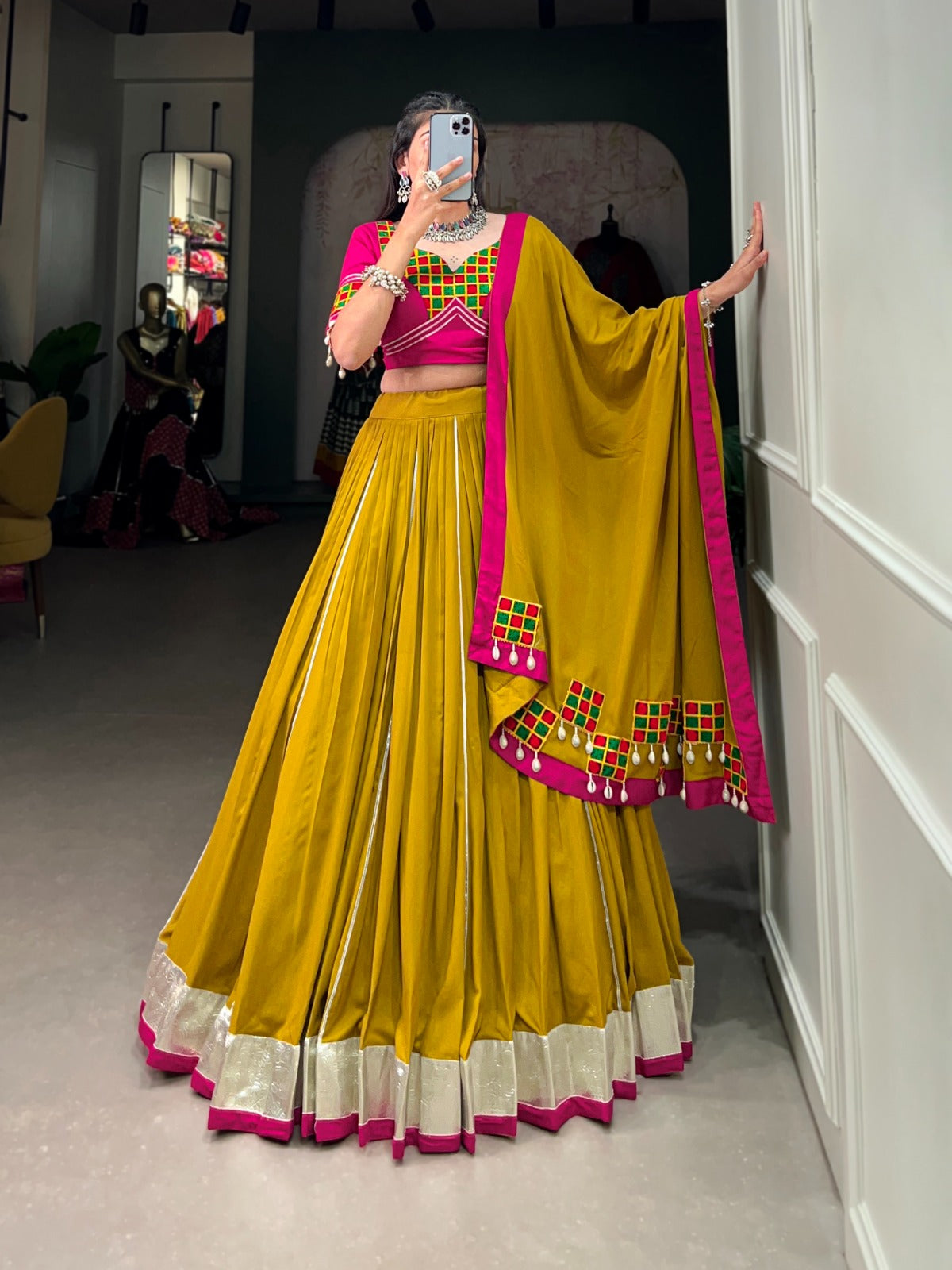 Womenline Musterd Color Rayon Navratri Lehenga Choli