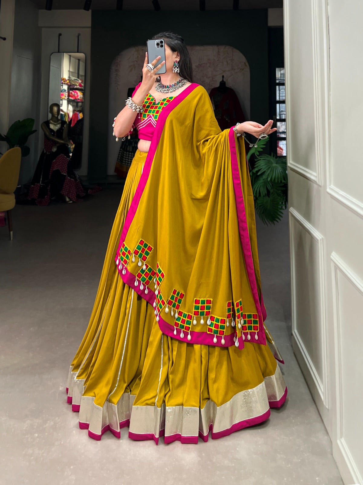 Womenline Musterd Color Rayon Navratri Lehenga Choli