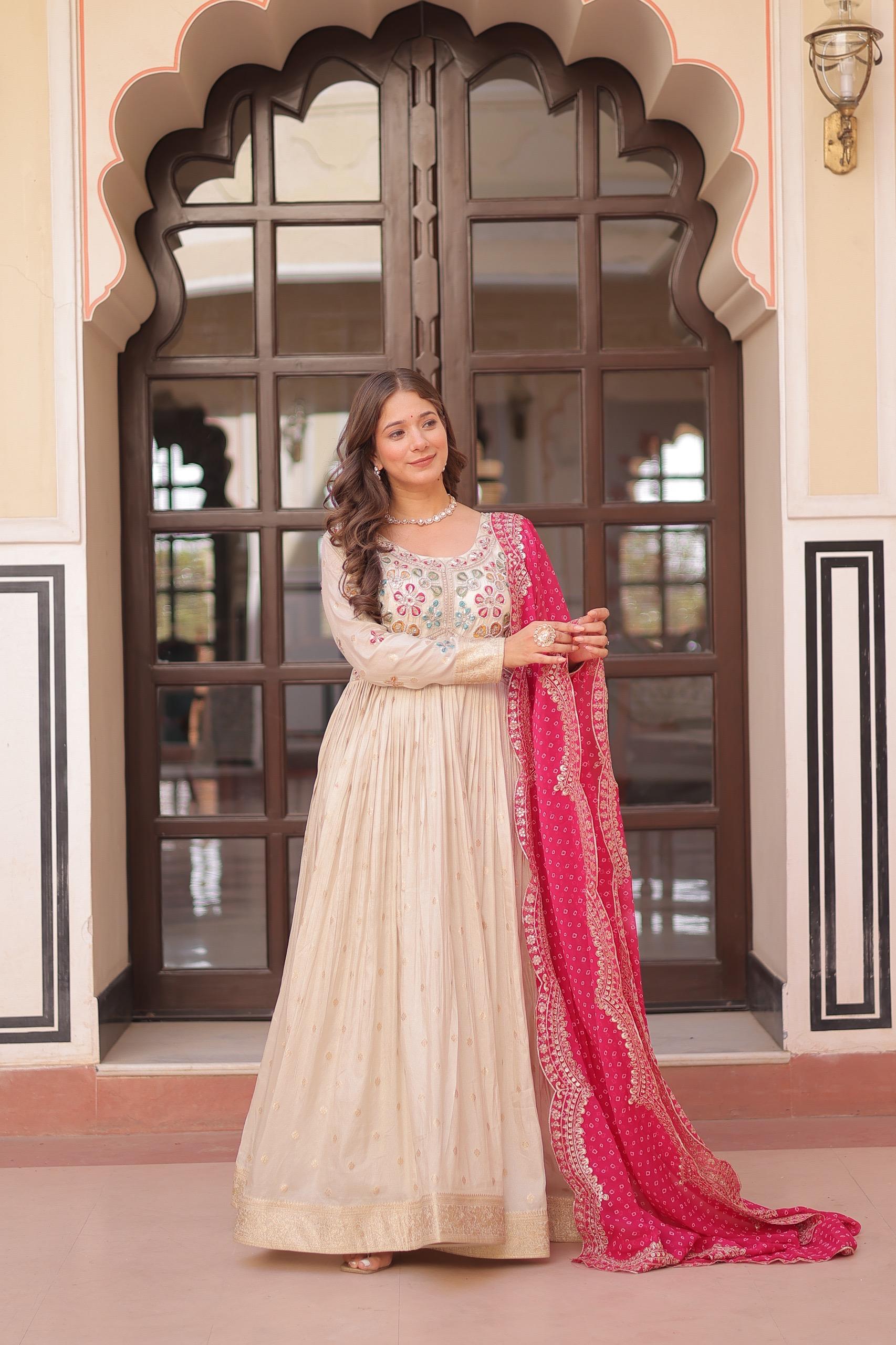 Womenline Off-White Color Jacquard Gown With Pink Dupatta