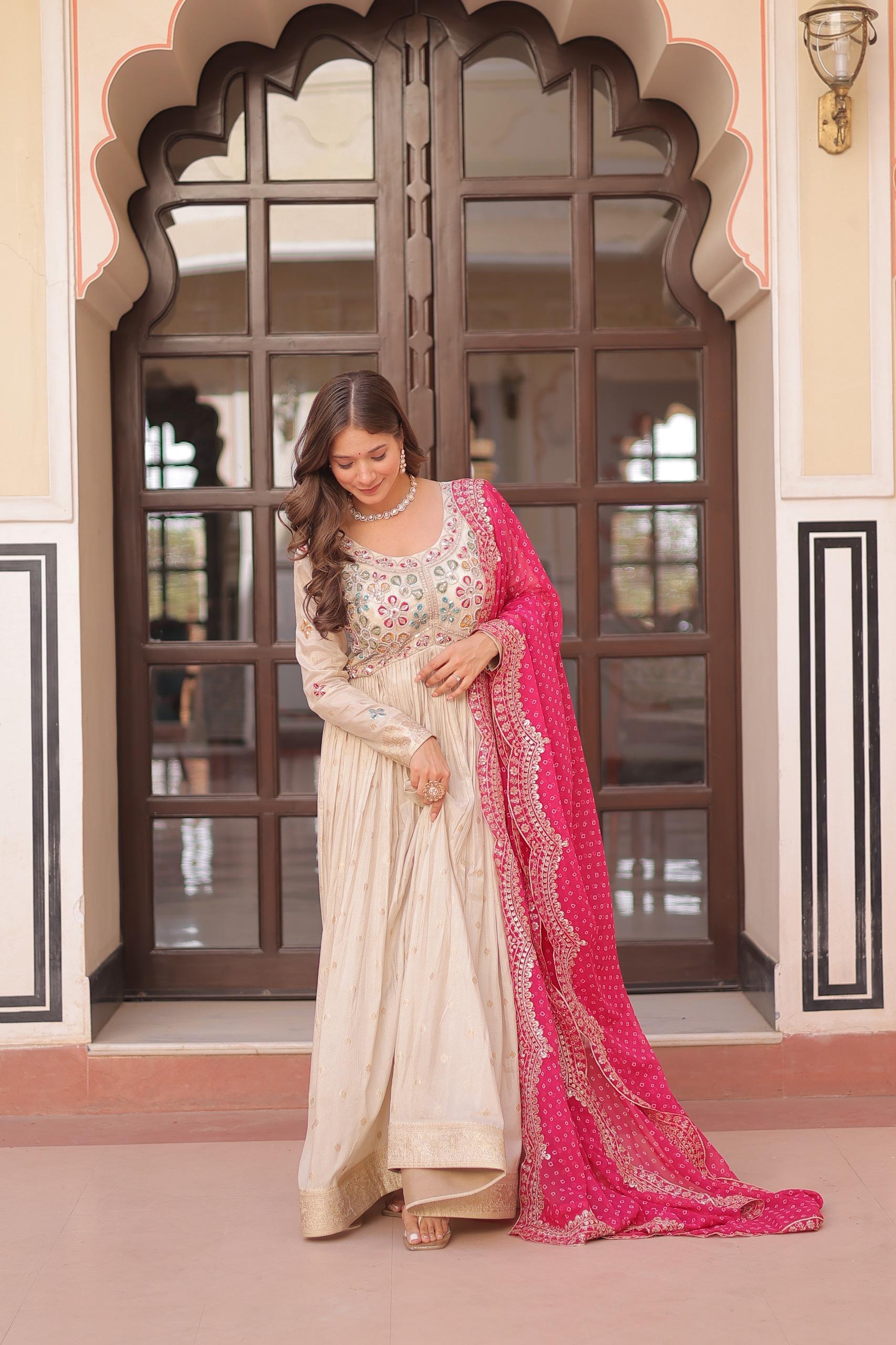 Womenline Off-White Color Jacquard Gown With Pink Dupatta