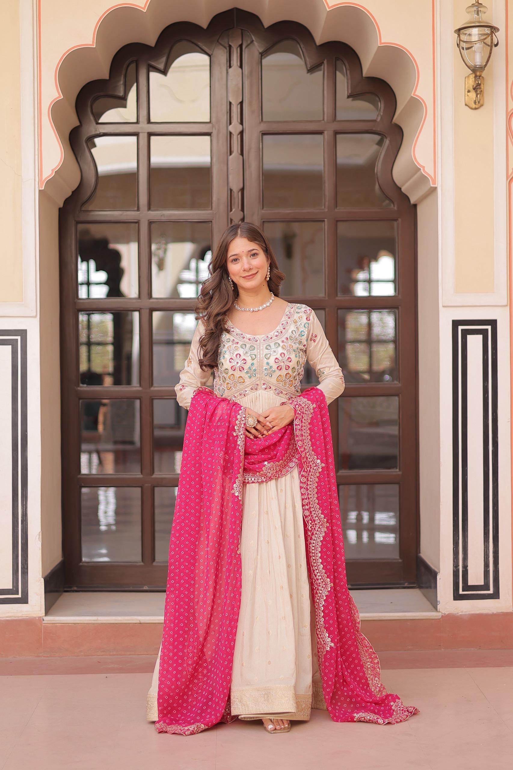Womenline Off-White Color Jacquard Gown With Pink Dupatta
