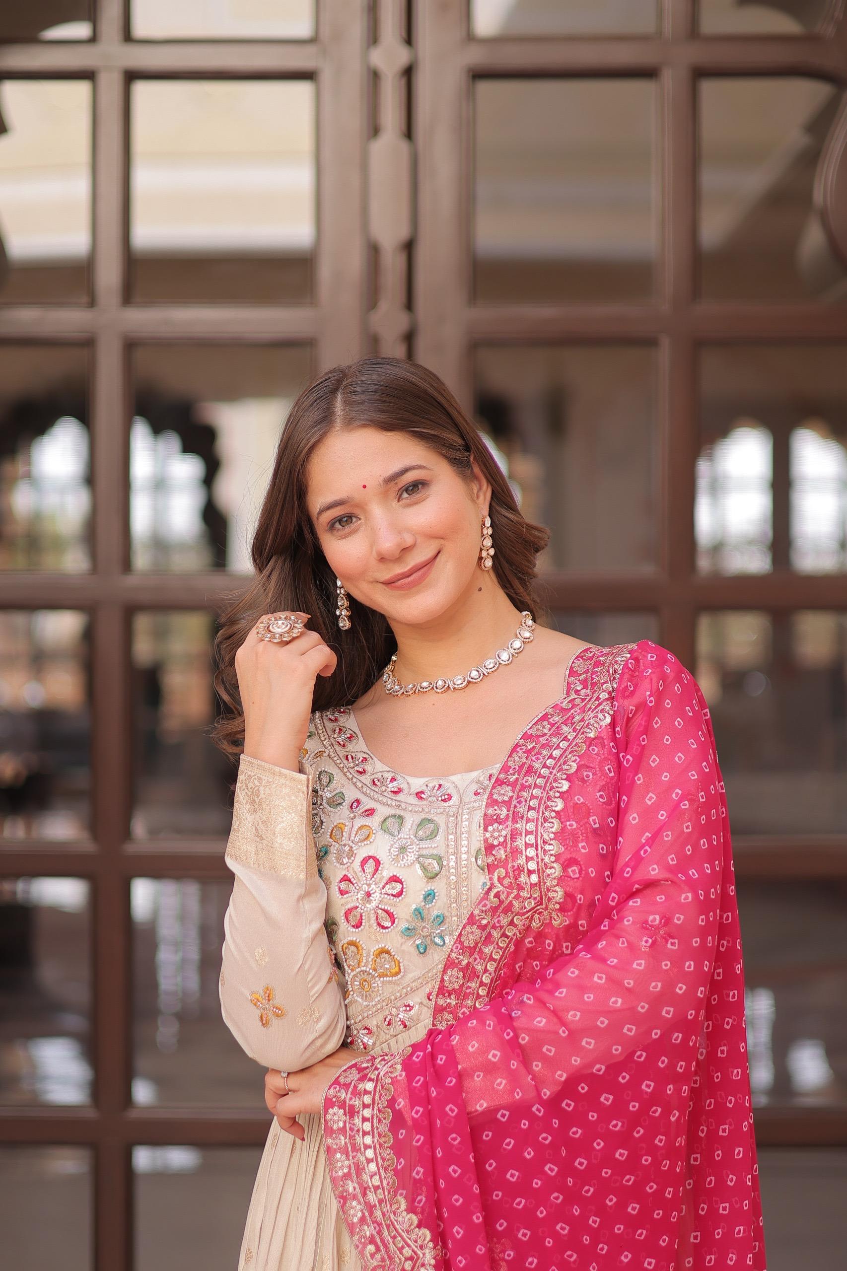 Womenline Off-White Color Jacquard Gown With Pink Dupatta