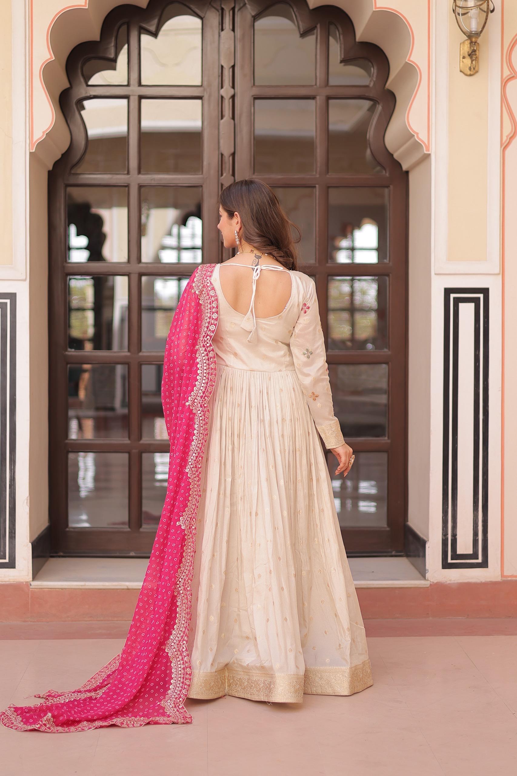 Womenline Off-White Color Jacquard Gown With Pink Dupatta