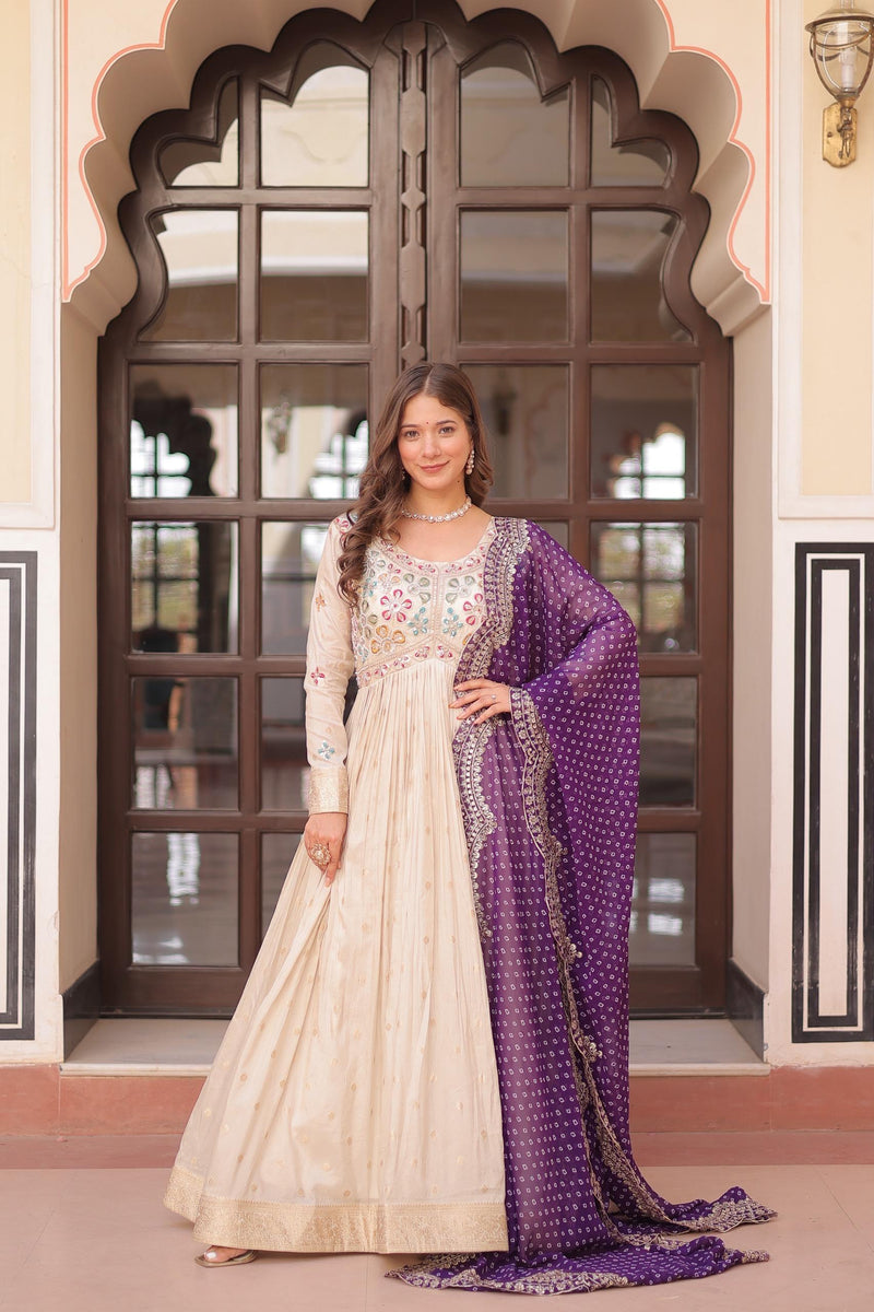 Womenline Off-White Color Jacquard Gown With Purple Dupatta