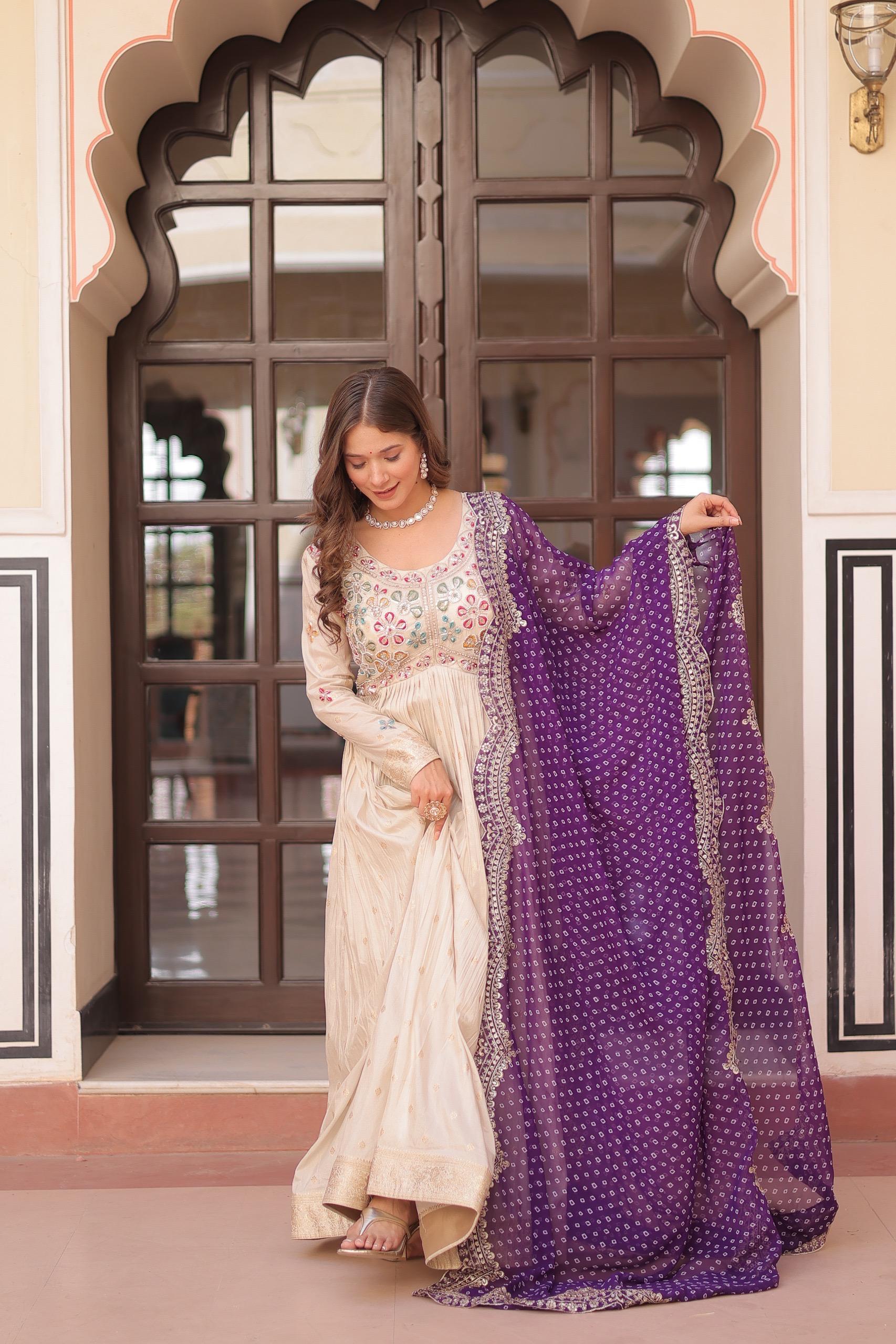 Womenline Off-White Color Jacquard Gown With Purple Dupatta